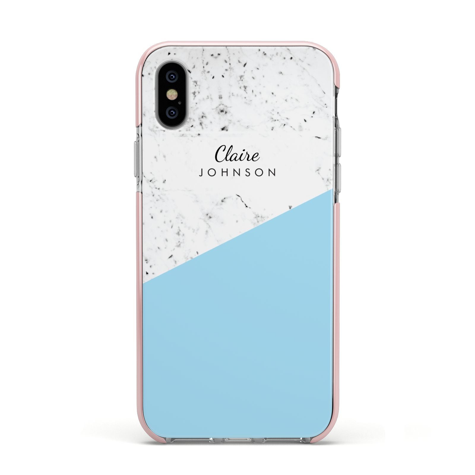 Personalised Blue Marble With Name Initials Apple iPhone Xs Impact Case Pink Edge on Silver Phone