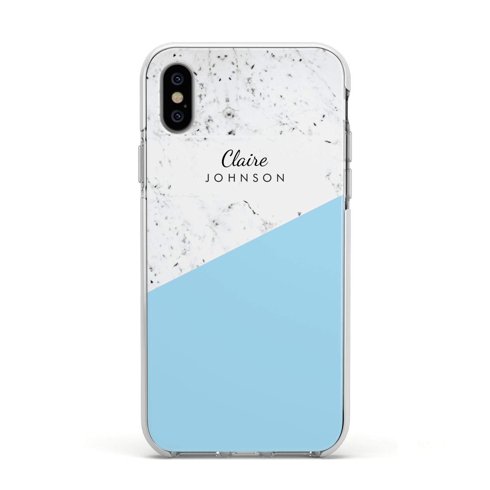 Personalised Blue Marble With Name Initials Apple iPhone Xs Impact Case White Edge on Silver Phone