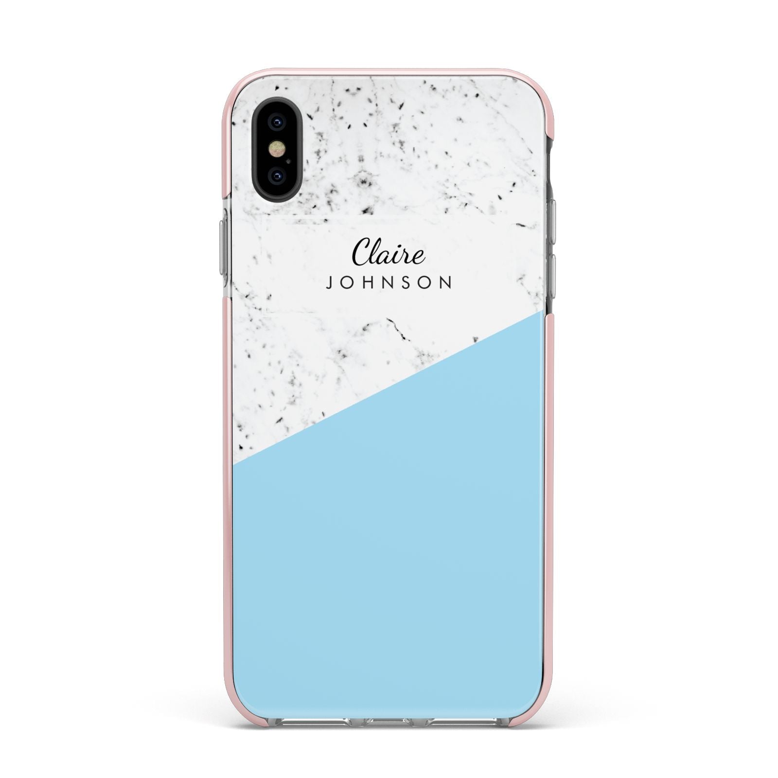 Personalised Blue Marble With Name Initials Apple iPhone Xs Max Impact Case Pink Edge on Black Phone