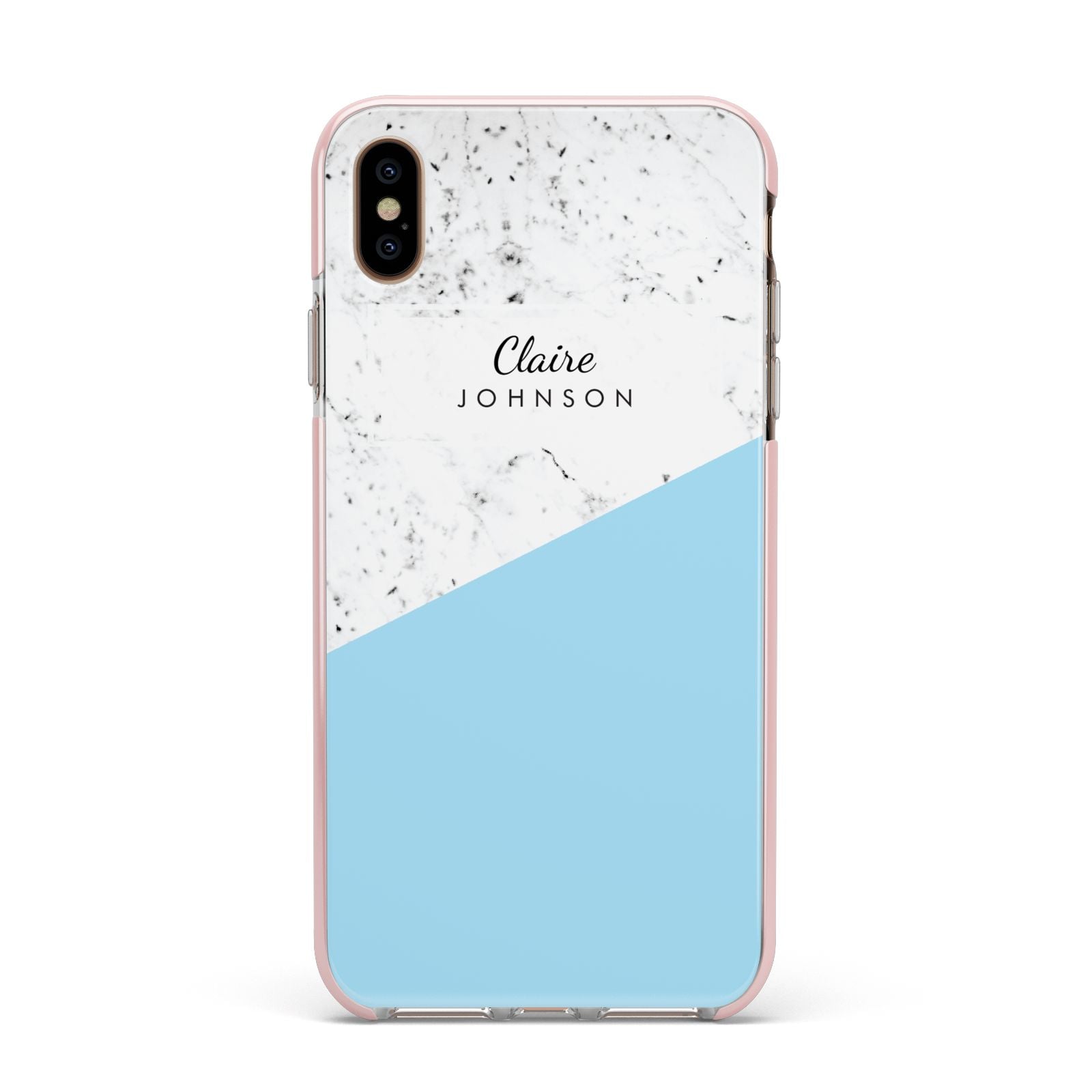 Personalised Blue Marble With Name Initials Apple iPhone Xs Max Impact Case Pink Edge on Gold Phone