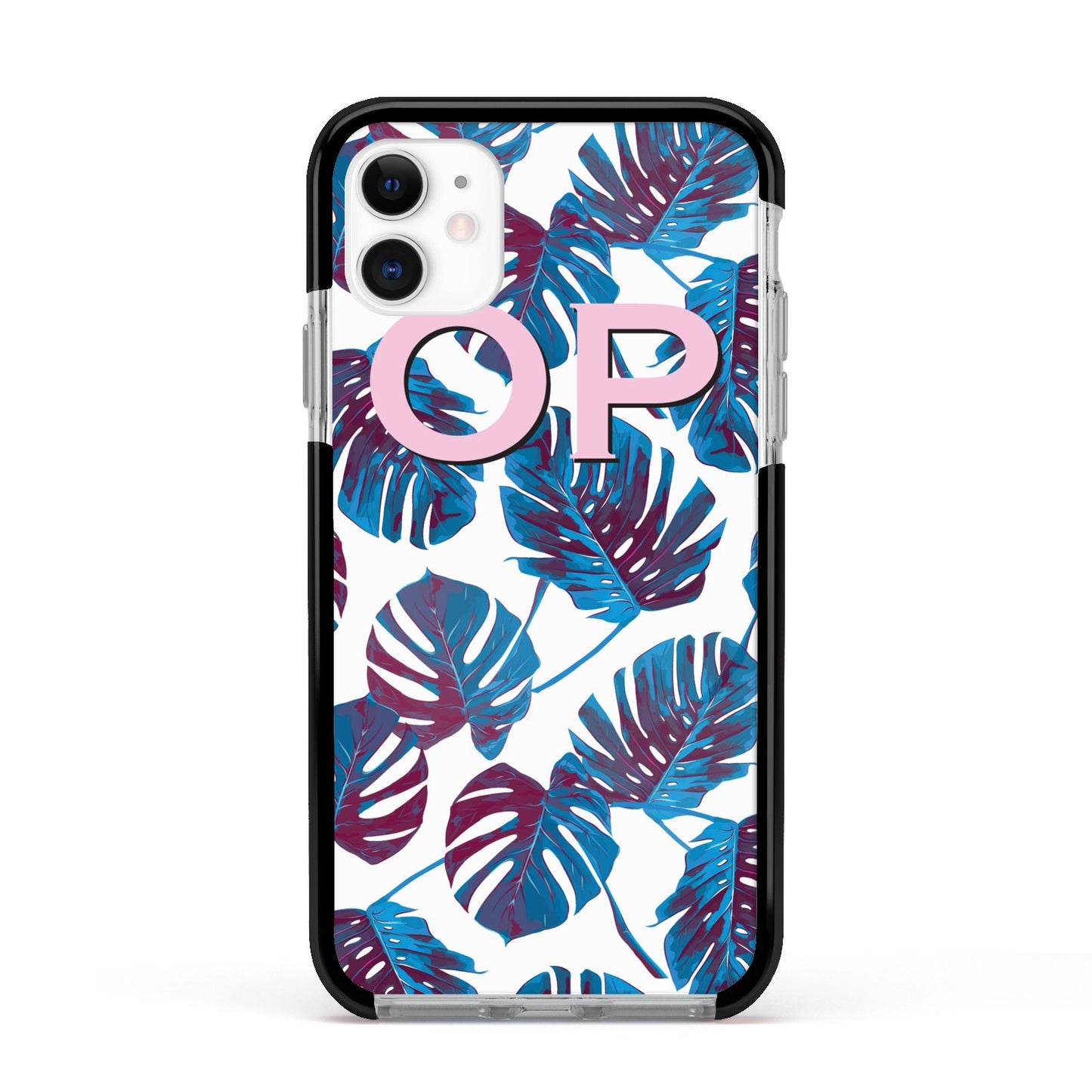 Personalised Blue Monstera Leaves Apple iPhone 11 in White with Black Impact Case