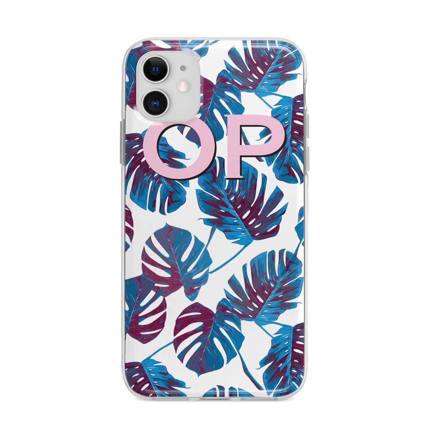 Personalised Blue Monstera Leaves Apple iPhone 11 in White with Bumper Case