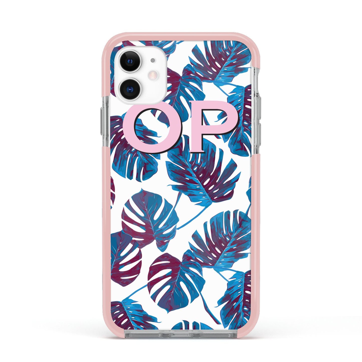 Personalised Blue Monstera Leaves Apple iPhone 11 in White with Pink Impact Case