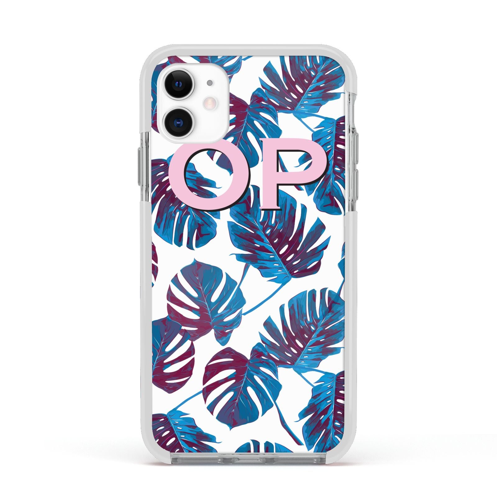 Personalised Blue Monstera Leaves Apple iPhone 11 in White with White Impact Case