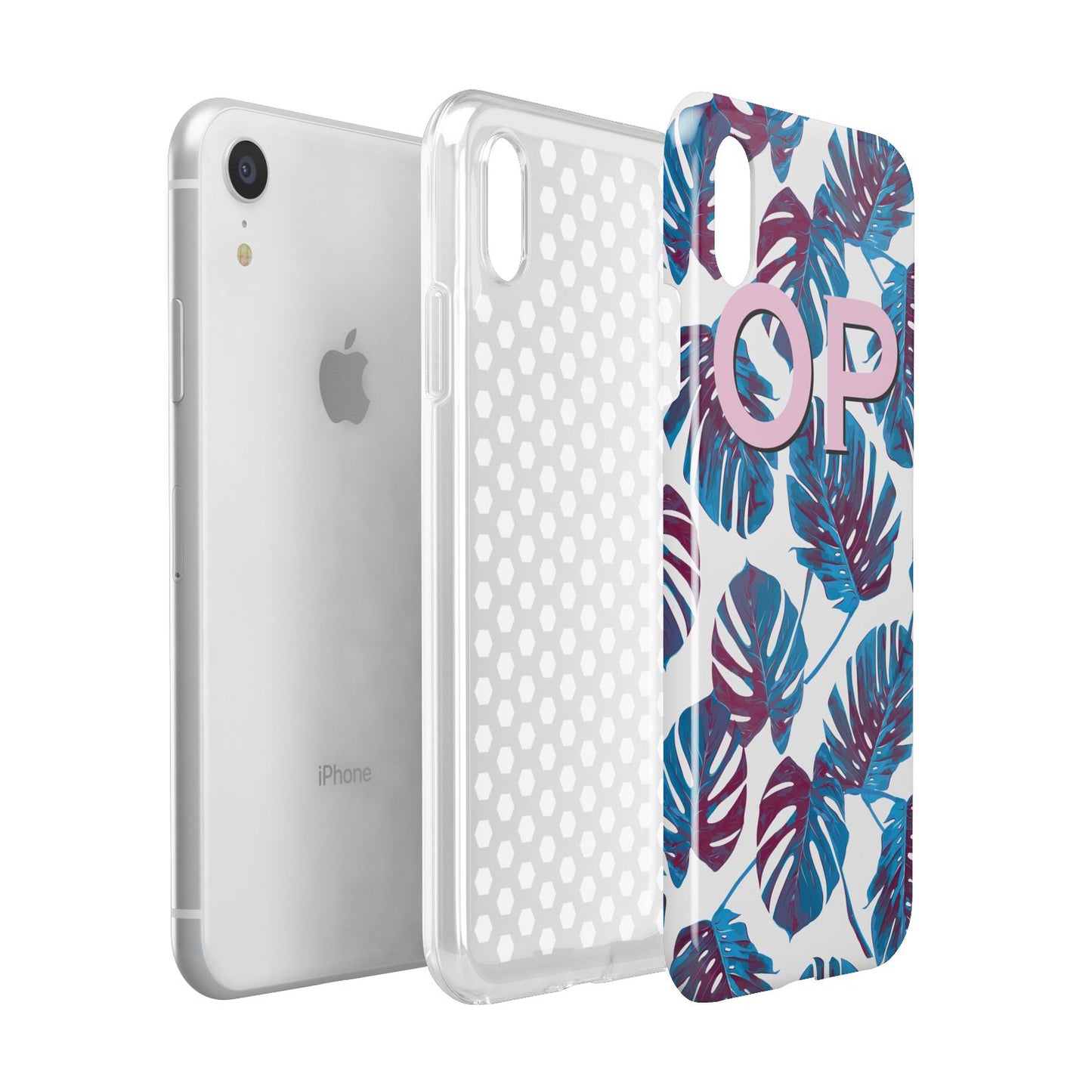 Personalised Blue Monstera Leaves Apple iPhone XR White 3D Tough Case Expanded view