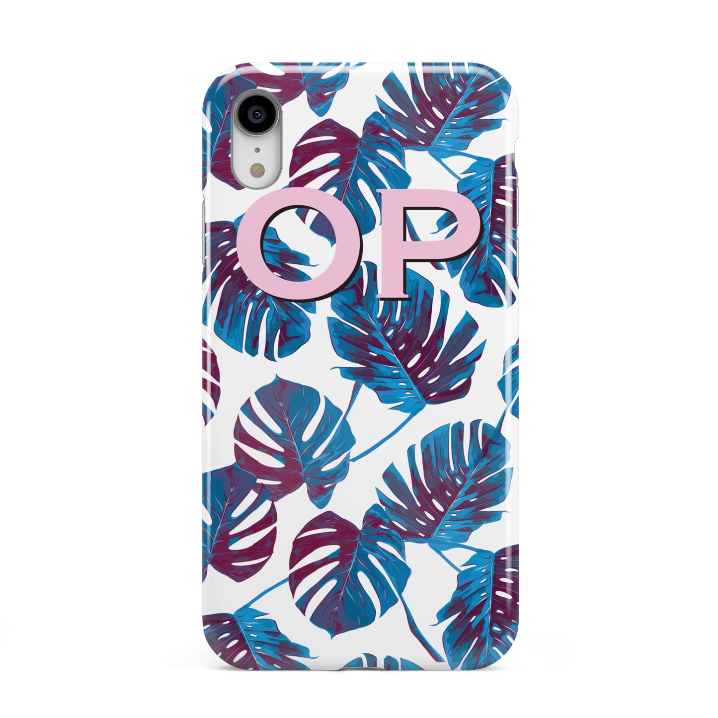 Personalised Blue Monstera Leaves Apple iPhone XR White 3D Tough Case