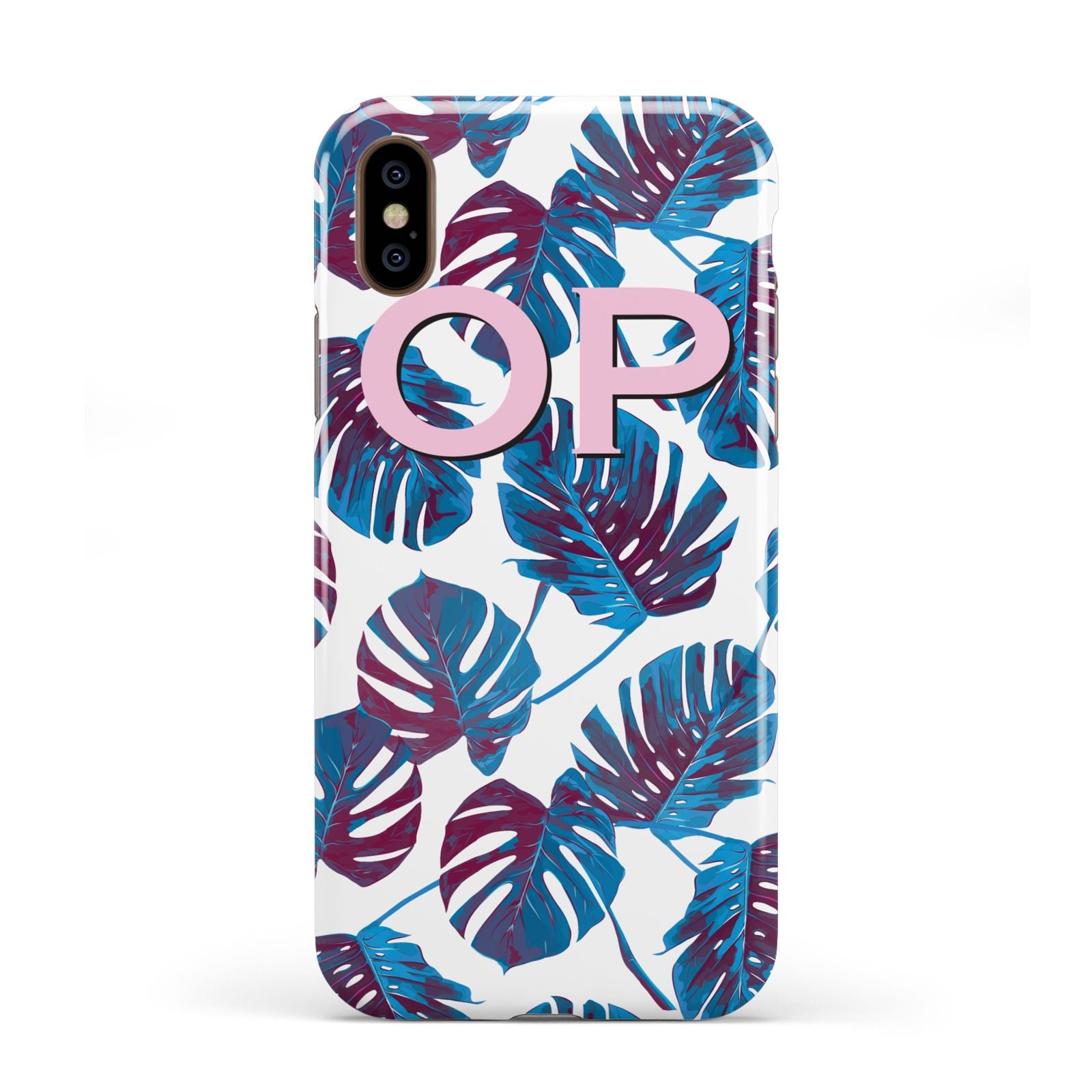 Personalised Blue Monstera Leaves Apple iPhone XS 3D Tough