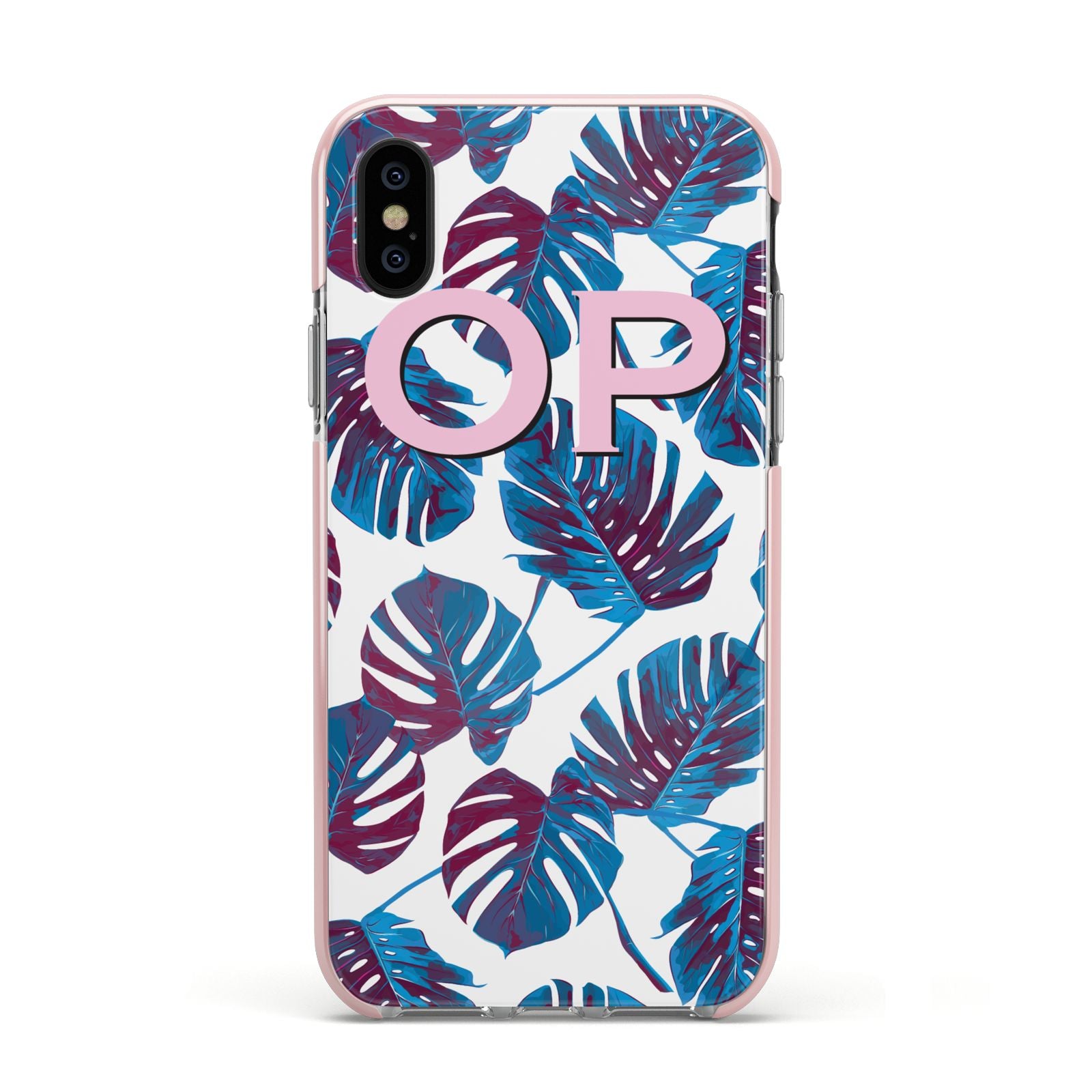 Personalised Blue Monstera Leaves Apple iPhone Xs Impact Case Pink Edge on Black Phone