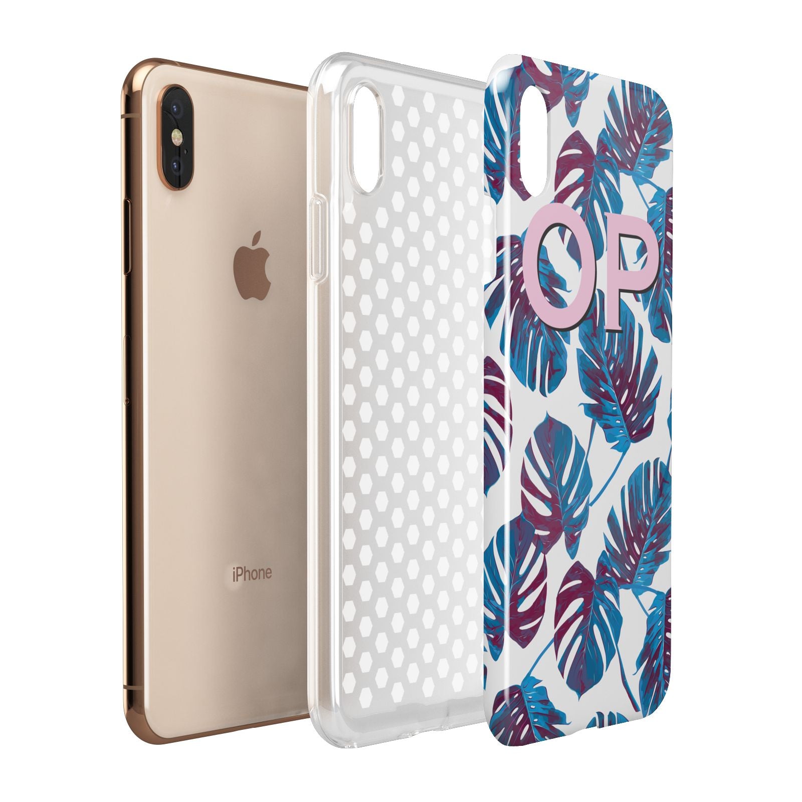 Personalised Blue Monstera Leaves Apple iPhone Xs Max 3D Tough Case Expanded View