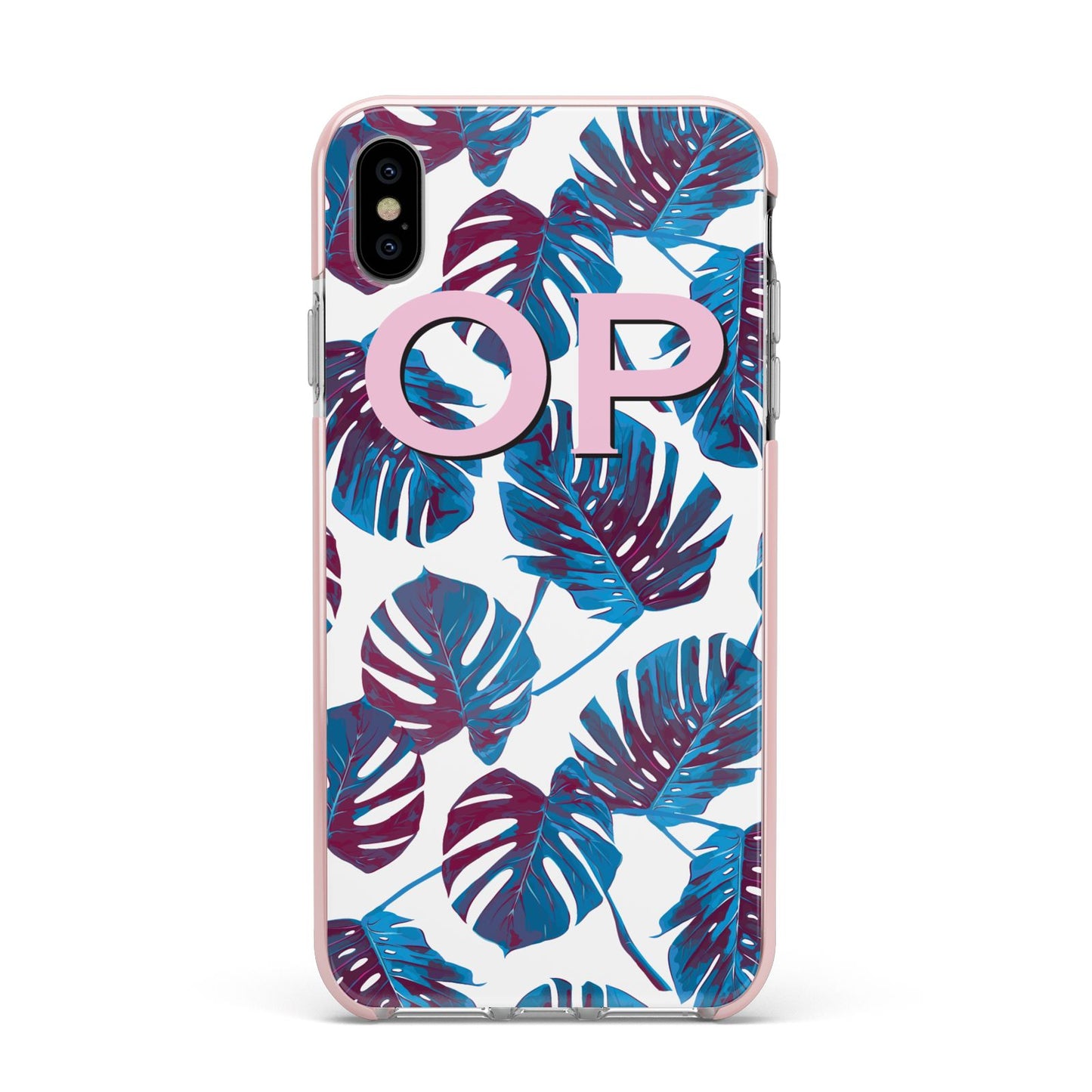 Personalised Blue Monstera Leaves Apple iPhone Xs Max Impact Case Pink Edge on Silver Phone