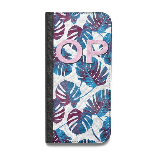 Personalised Blue Monstera Leaves Vegan Leather Flip iPhone Case