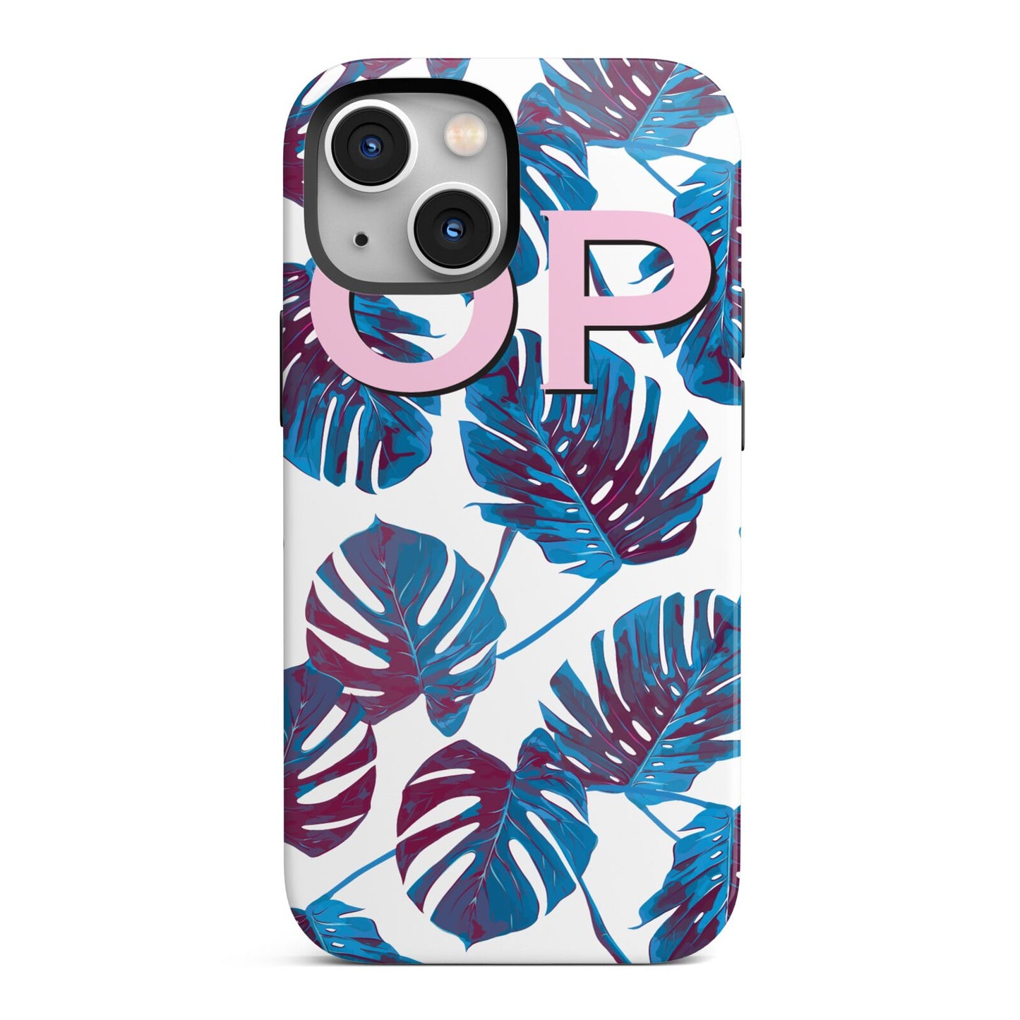 Personalised Blue Monstera Leaves iPhone 13 Mini Full Wrap 3D Tough Case