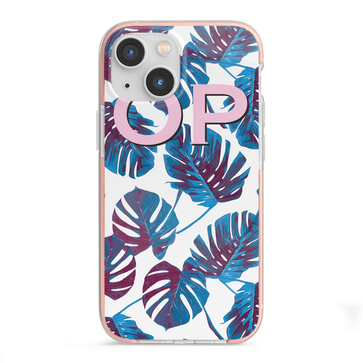 Personalised Blue Monstera Leaves iPhone 13 Mini TPU Impact Case with Pink Edges