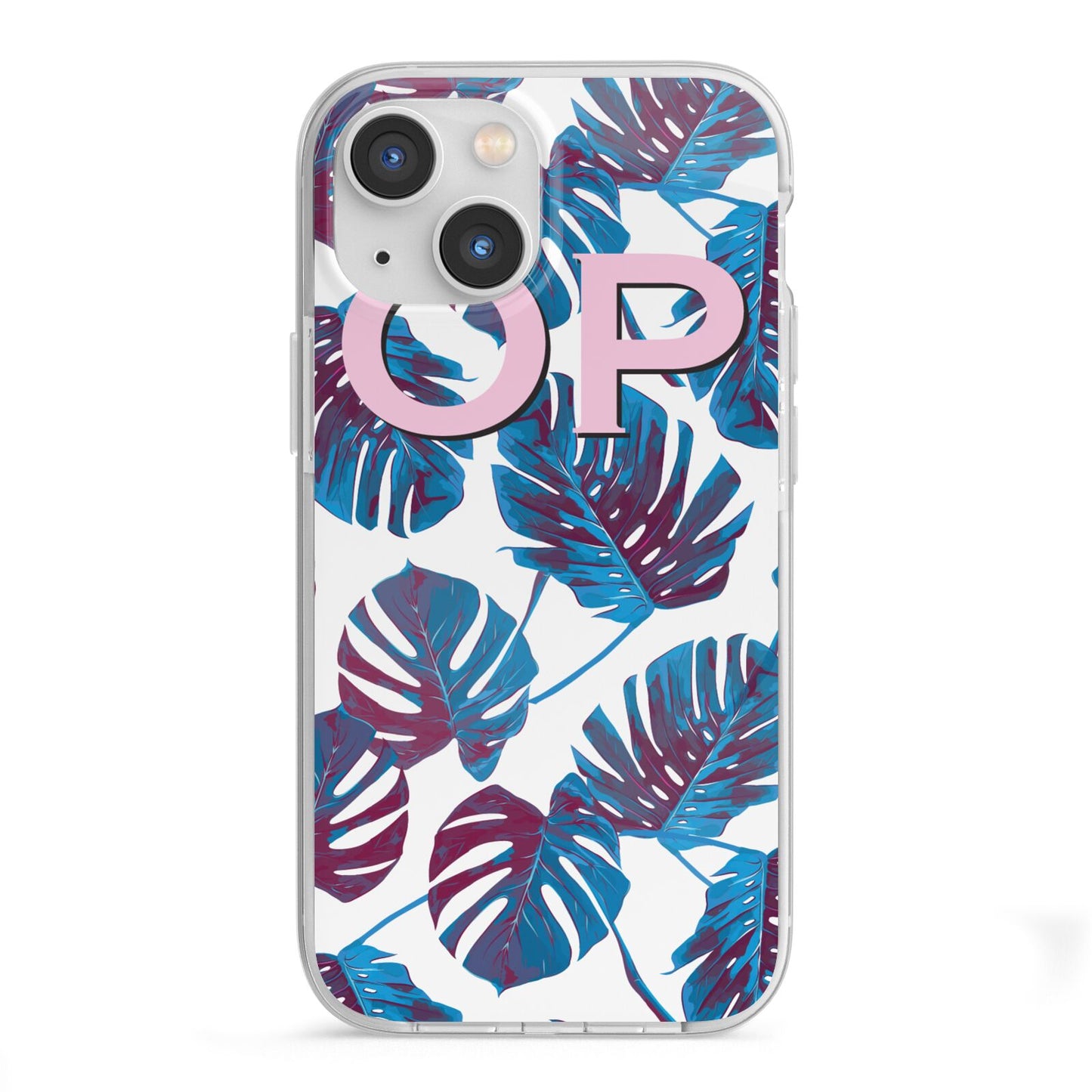 Personalised Blue Monstera Leaves iPhone 13 Mini TPU Impact Case with White Edges