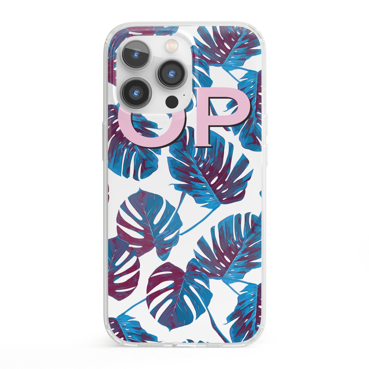 Personalised Blue Monstera Leaves iPhone 13 Pro Clear Bumper Case