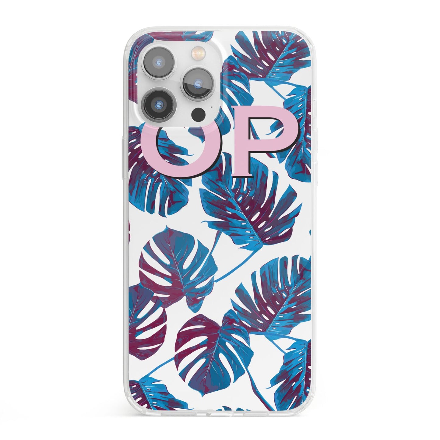 Personalised Blue Monstera Leaves iPhone 13 Pro Max Clear Bumper Case