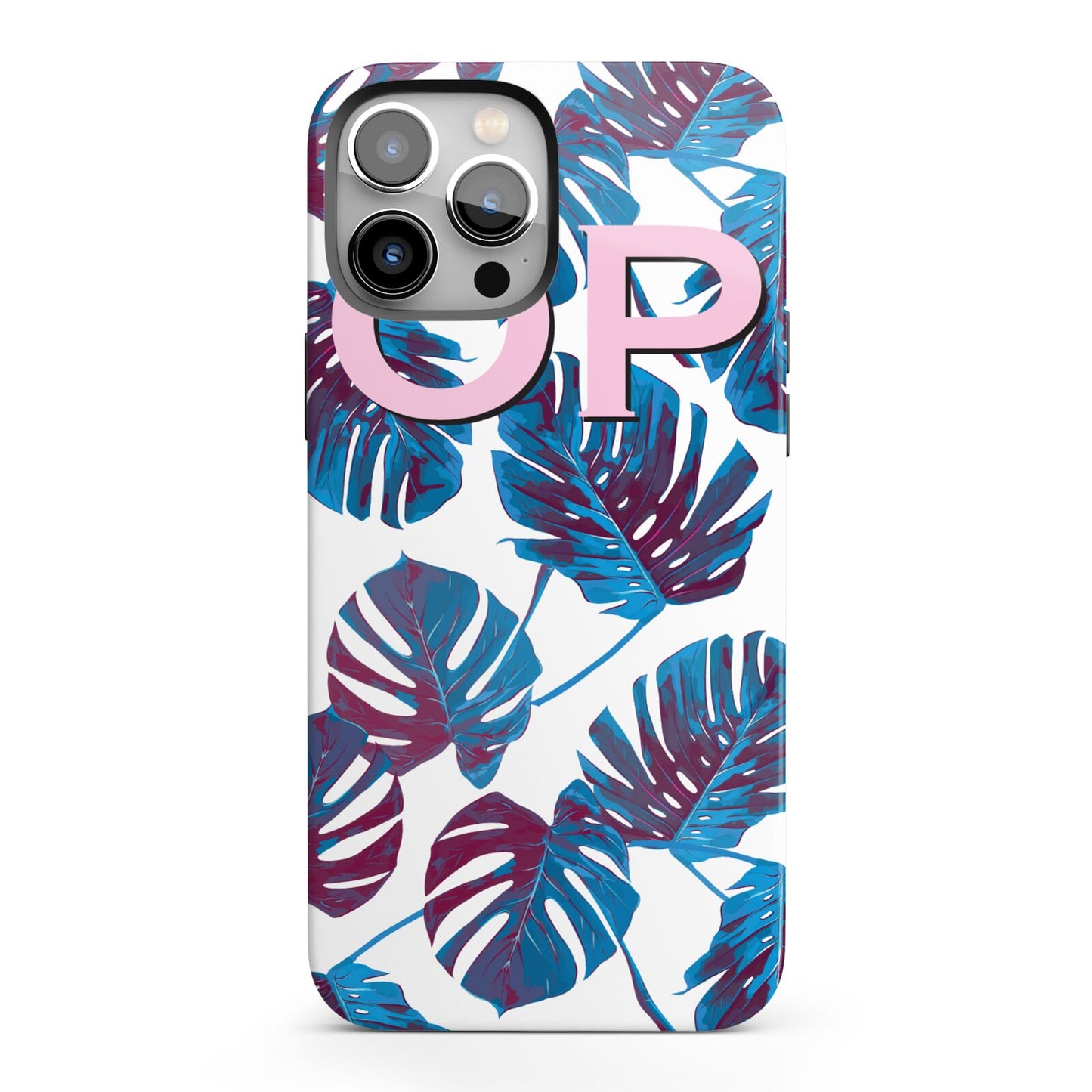 Personalised Blue Monstera Leaves iPhone 13 Pro Max Full Wrap 3D Tough Case