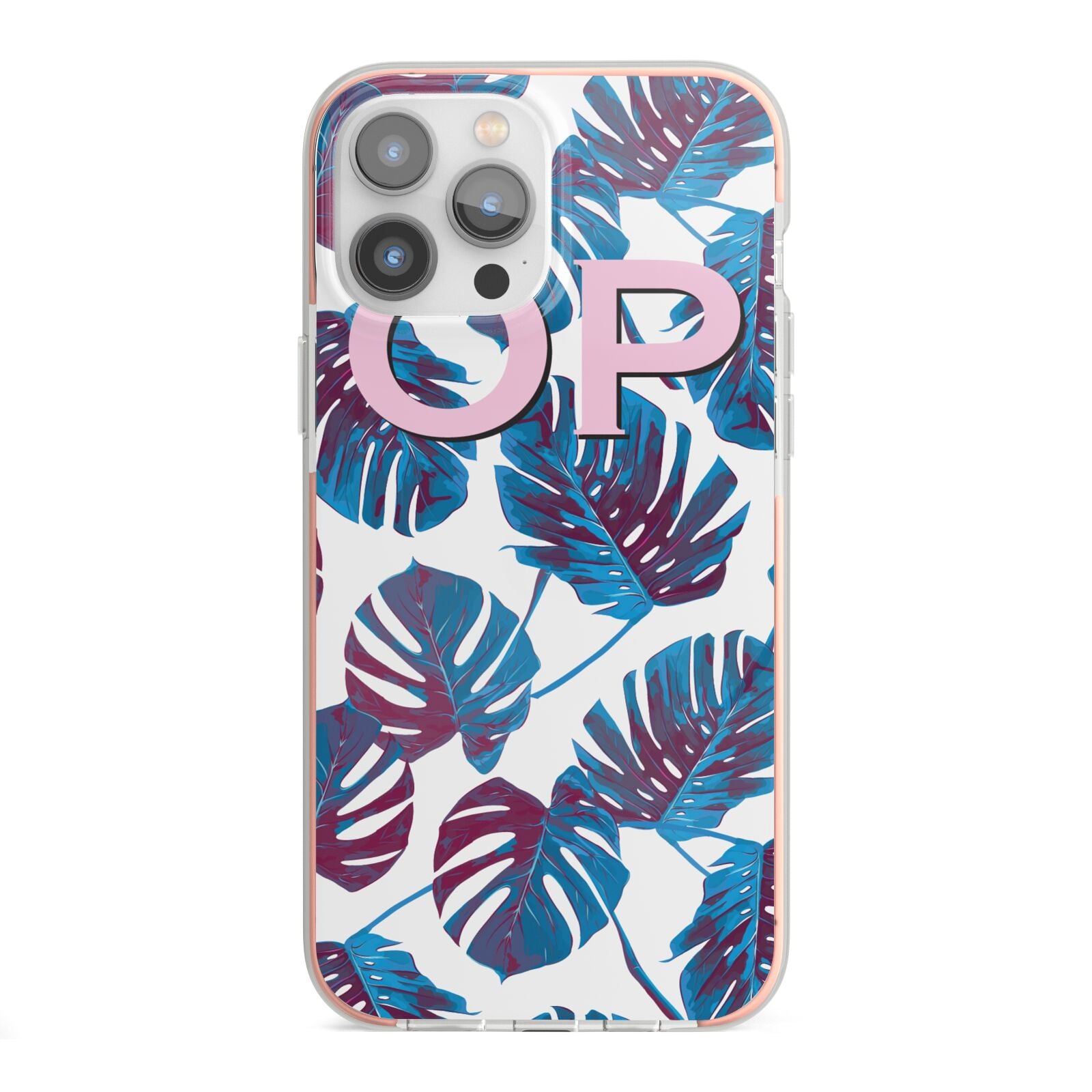 Personalised Blue Monstera Leaves iPhone 13 Pro Max TPU Impact Case with Pink Edges