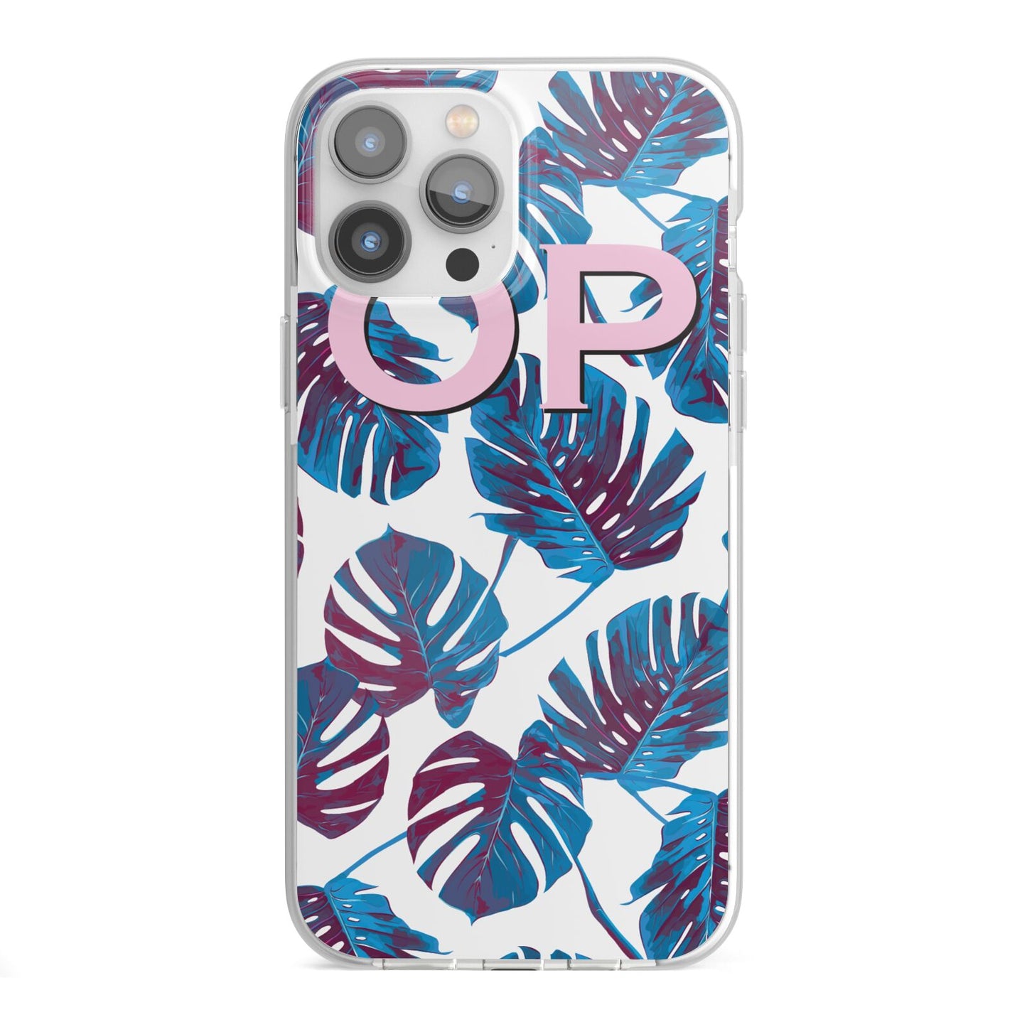 Personalised Blue Monstera Leaves iPhone 13 Pro Max TPU Impact Case with White Edges