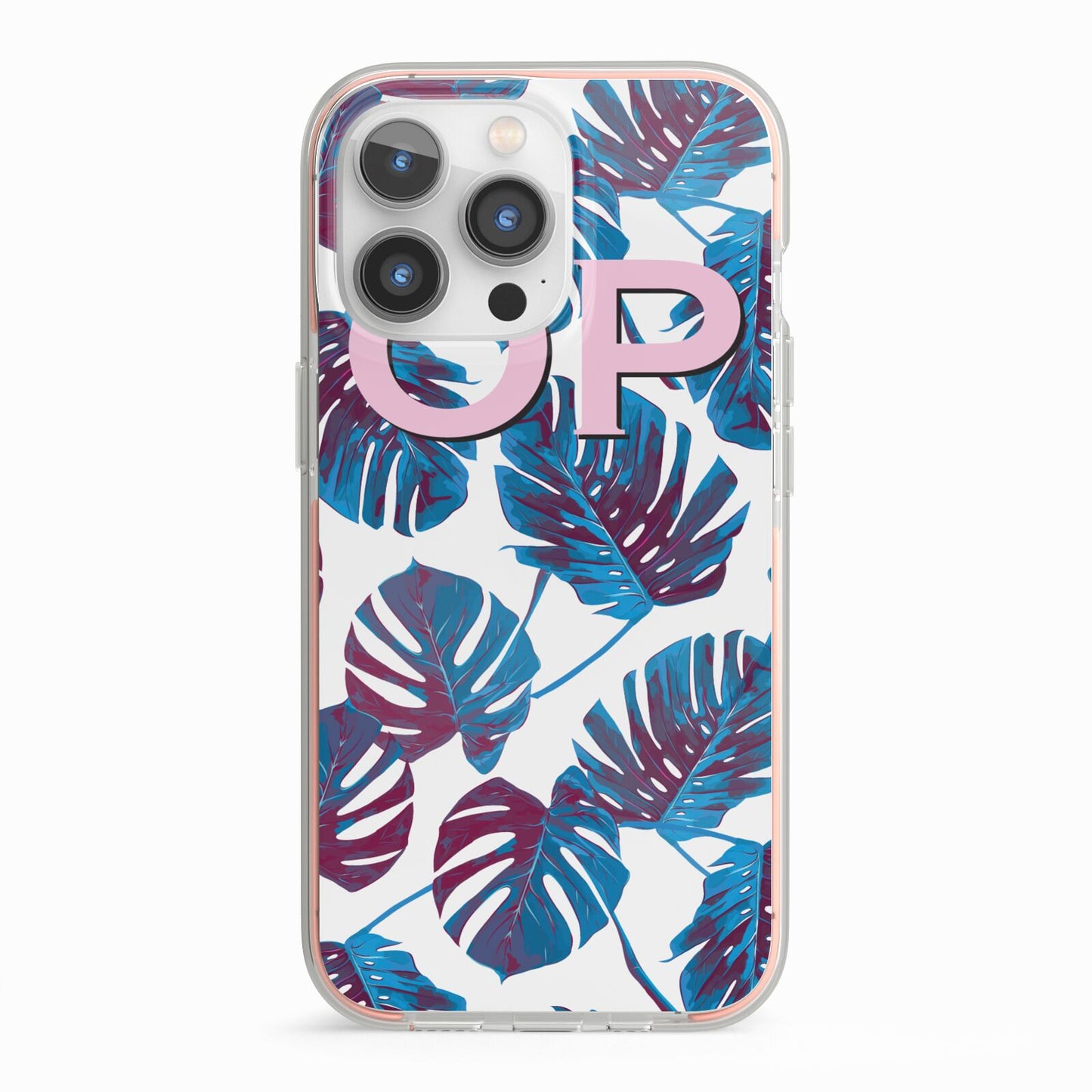 Personalised Blue Monstera Leaves iPhone 13 Pro TPU Impact Case with Pink Edges