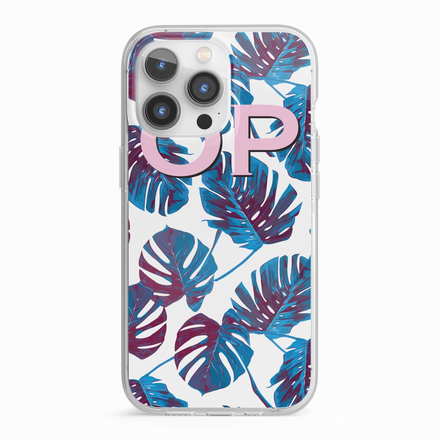 Personalised Blue Monstera Leaves iPhone 13 Pro TPU Impact Case with White Edges