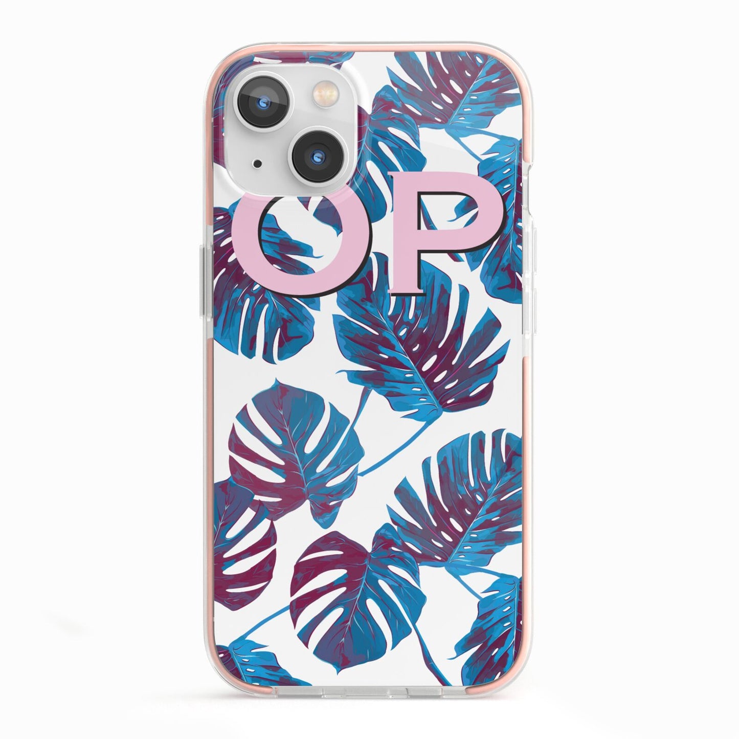 Personalised Blue Monstera Leaves iPhone 13 TPU Impact Case with Pink Edges