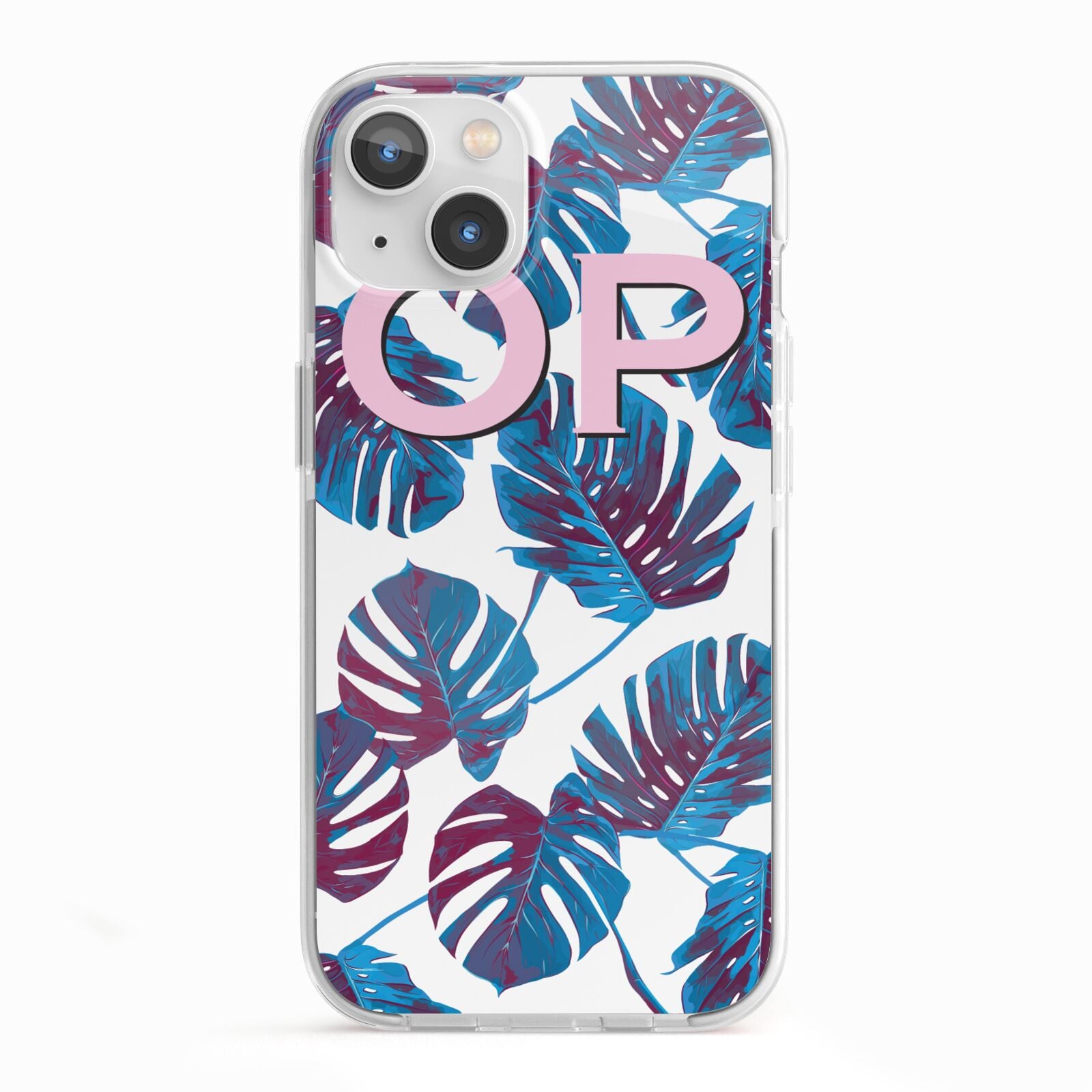 Personalised Blue Monstera Leaves iPhone 13 TPU Impact Case with White Edges