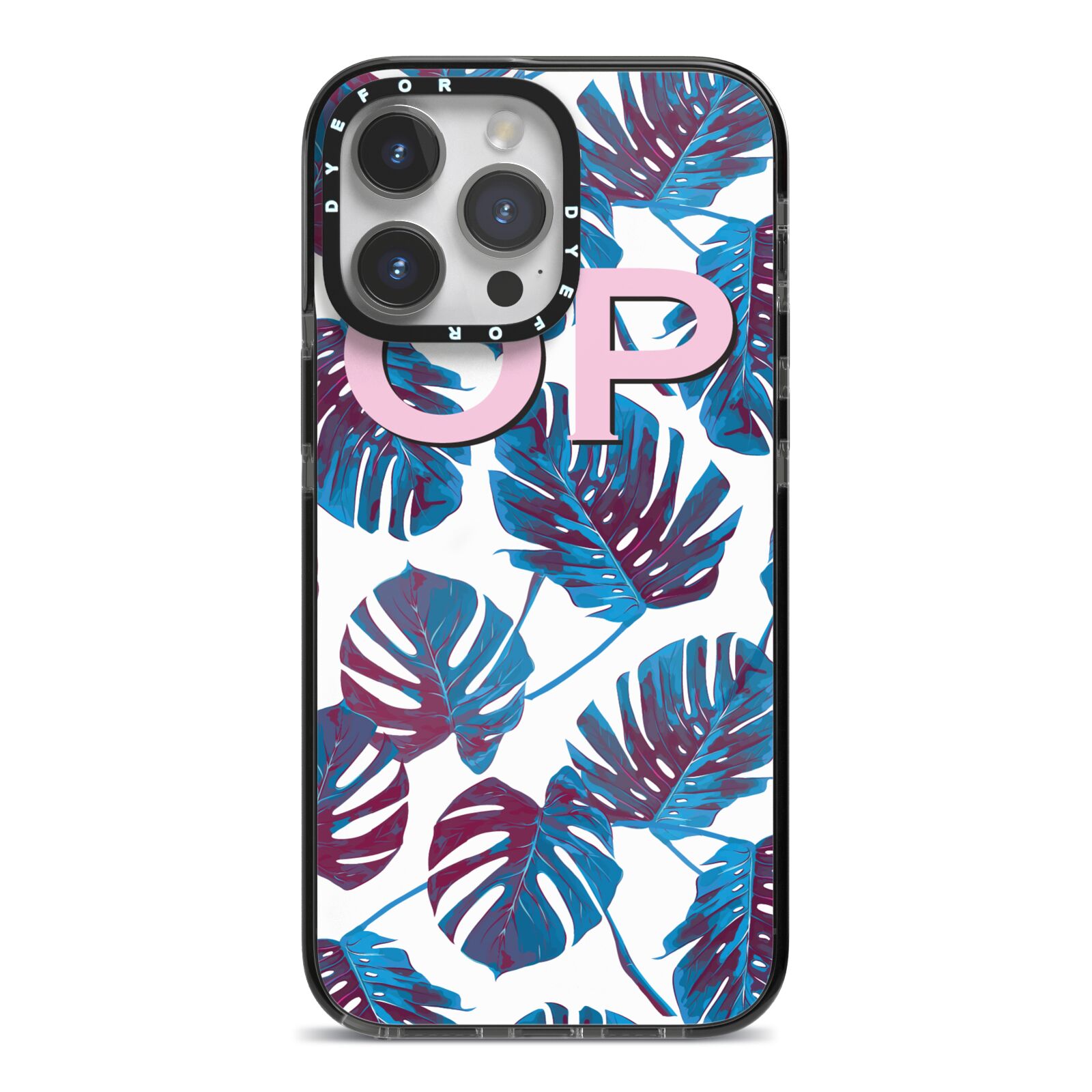 Personalised Blue Monstera Leaves iPhone 14 Pro Max Black Impact Case on Silver phone