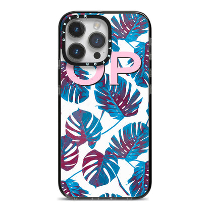 Personalised Blue Monstera Leaves iPhone 14 Pro Max Black Impact Case on Silver phone