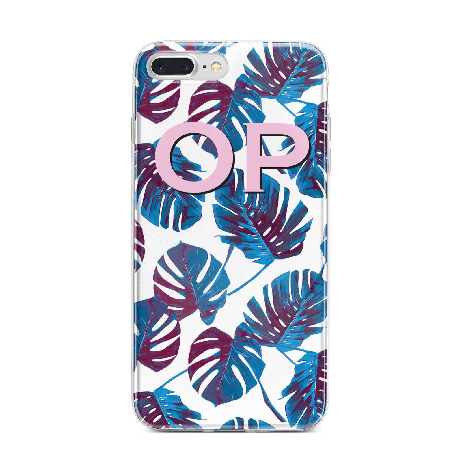 Personalised Blue Monstera Leaves iPhone 7 Plus Bumper Case on Silver iPhone