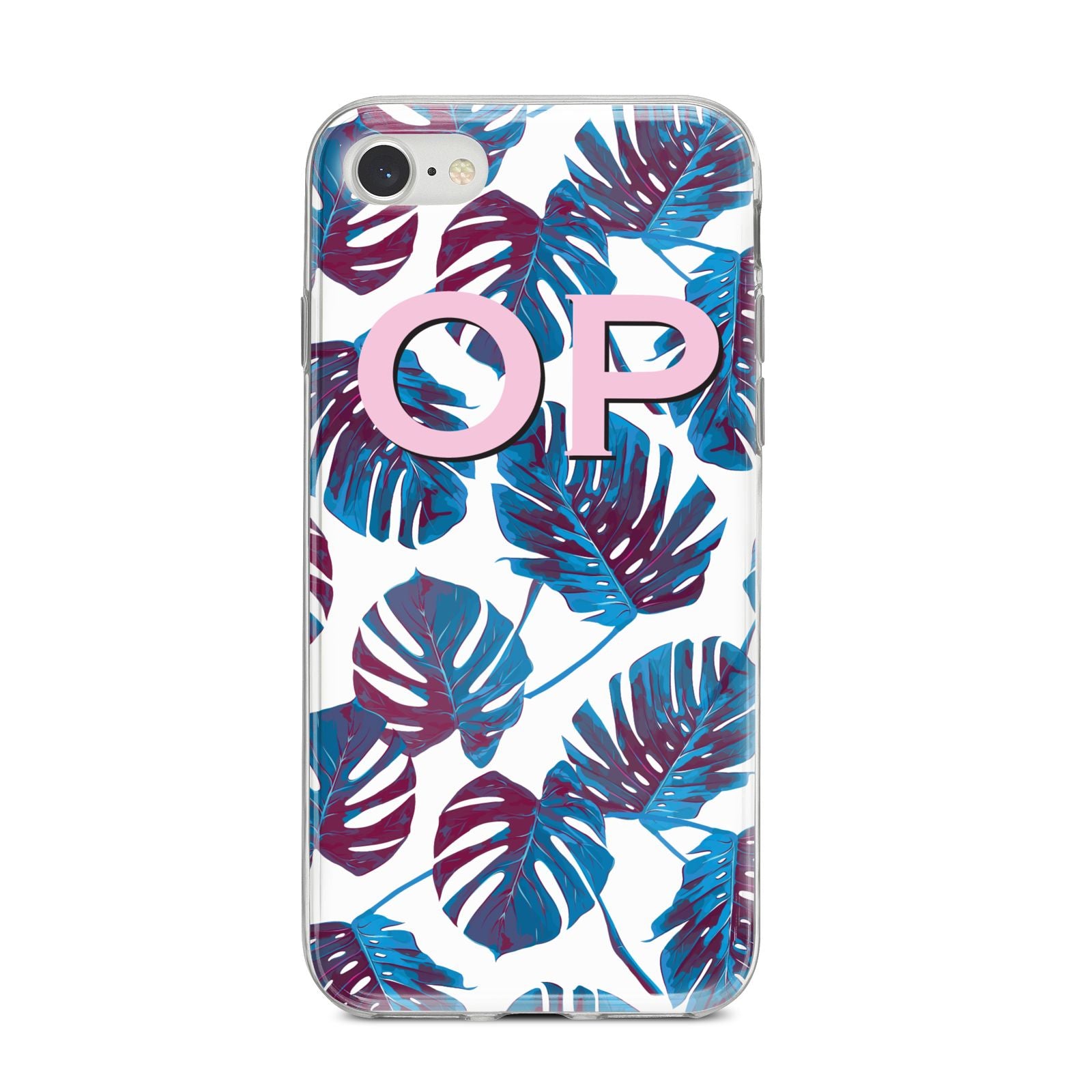 Personalised Blue Monstera Leaves iPhone 8 Bumper Case on Silver iPhone