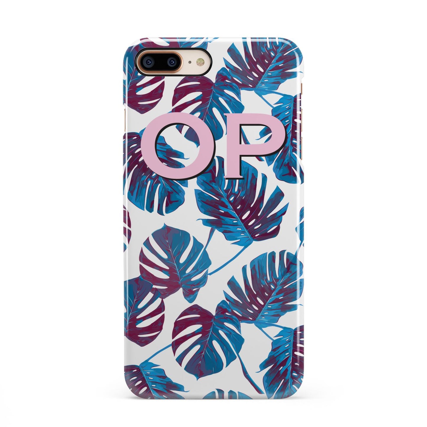 Personalised Blue Monstera Leaves iPhone 8 Plus 3D Snap Case on Gold Phone