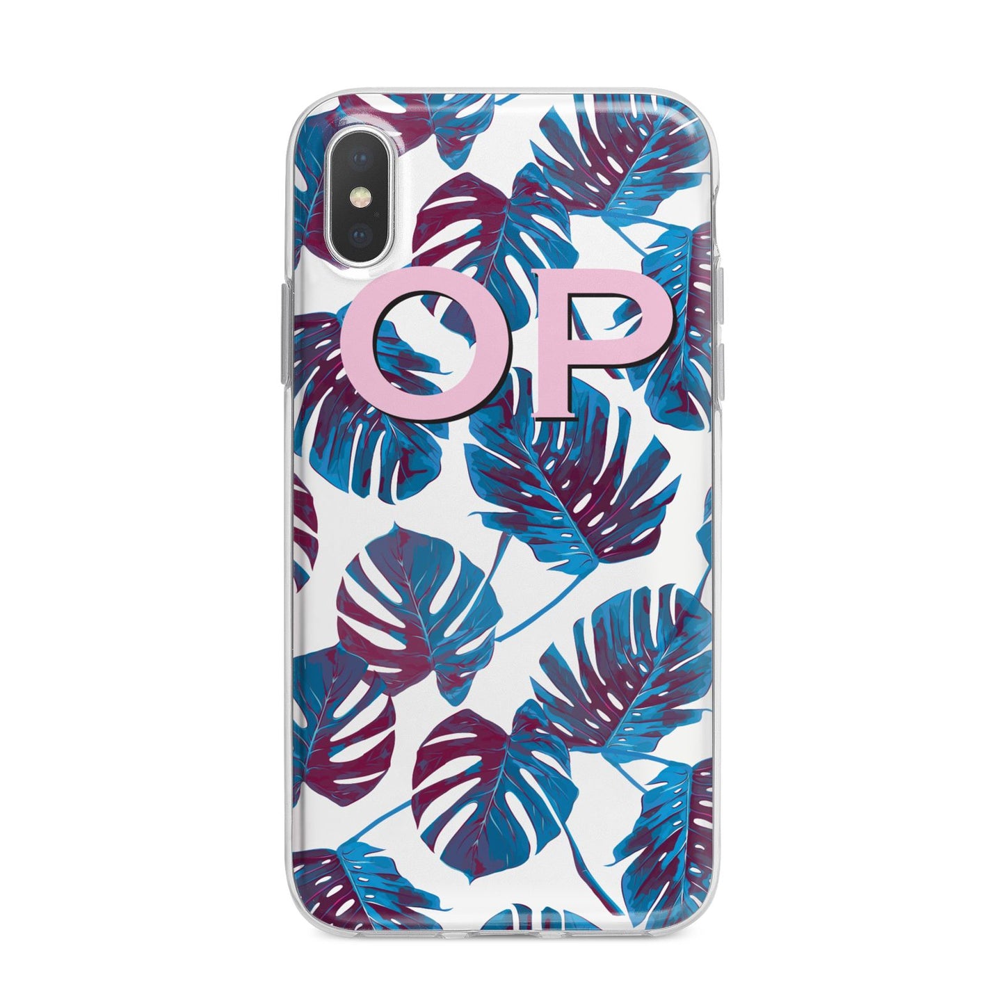 Personalised Blue Monstera Leaves iPhone X Bumper Case on Silver iPhone Alternative Image 1