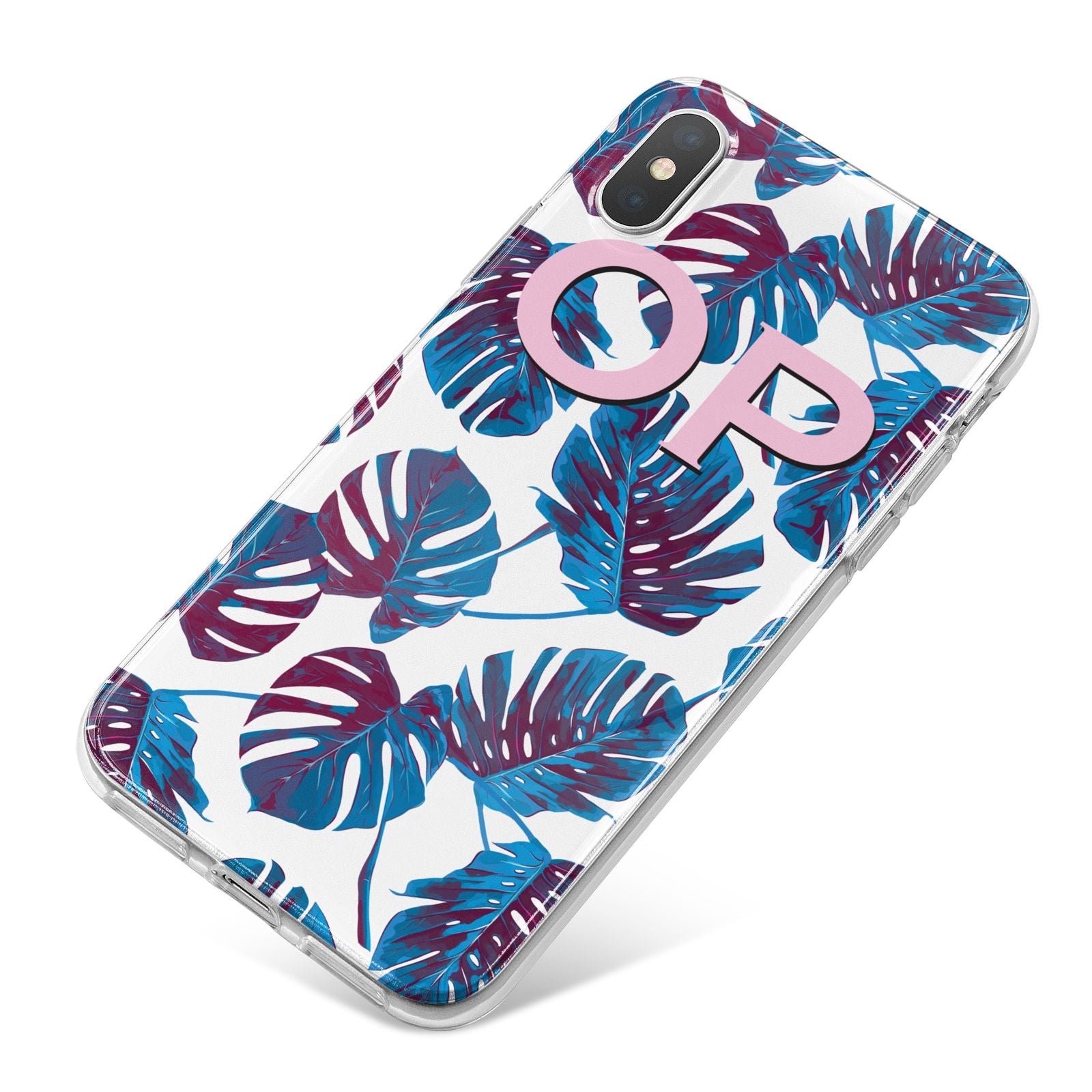 Personalised Blue Monstera Leaves iPhone X Bumper Case on Silver iPhone