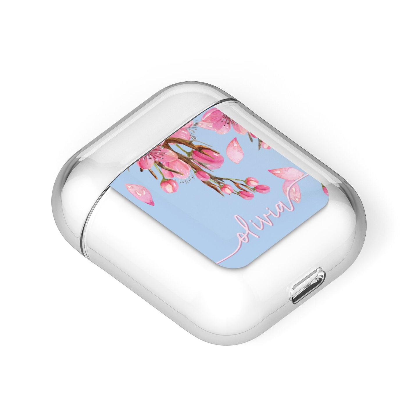 Personalised Blue Pink Blossom AirPods Case Laid Flat