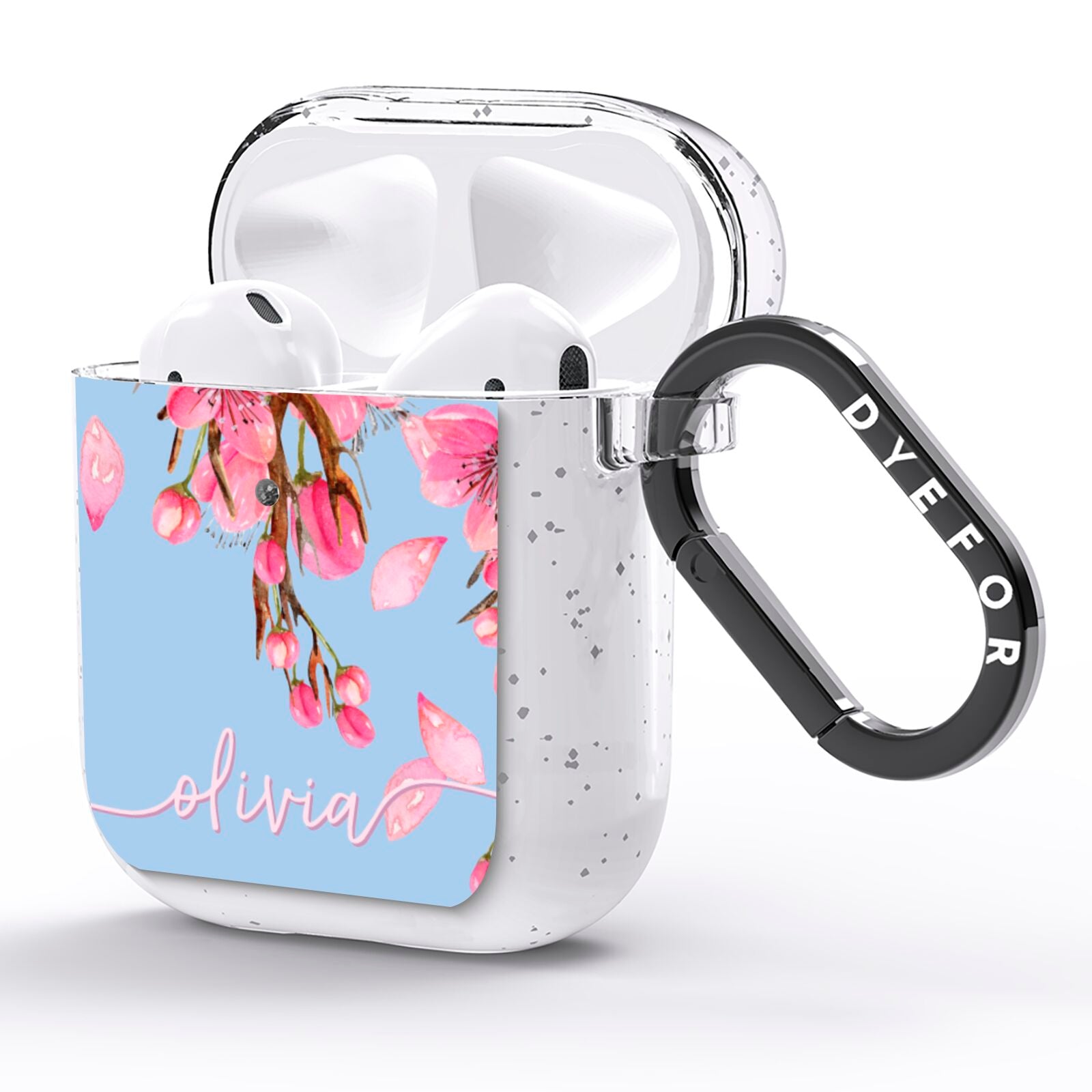 Personalised Blue Pink Blossom AirPods Glitter Case Side Image