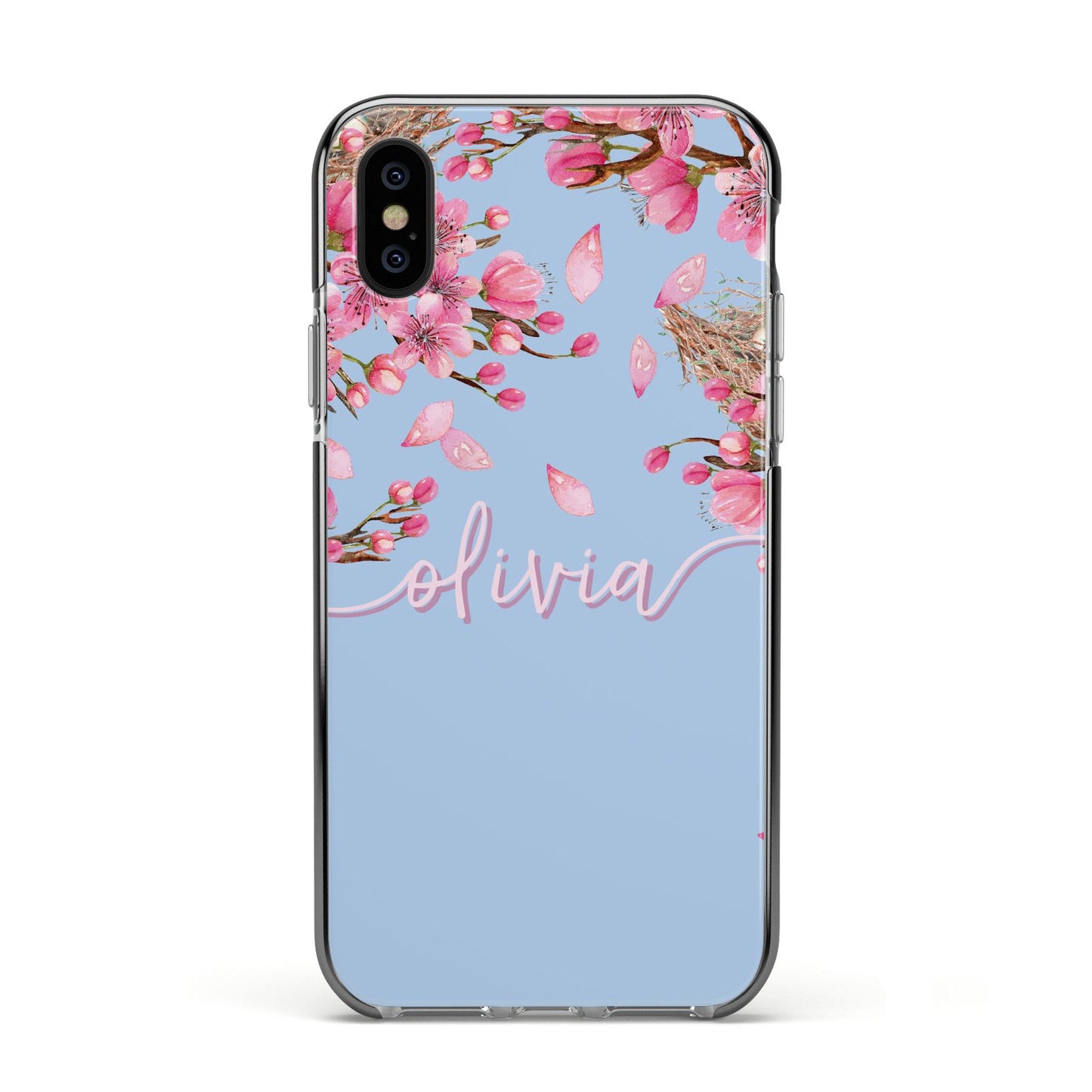 Personalised Blue Pink Blossom Apple iPhone Xs Impact Case Black Edge on Black Phone