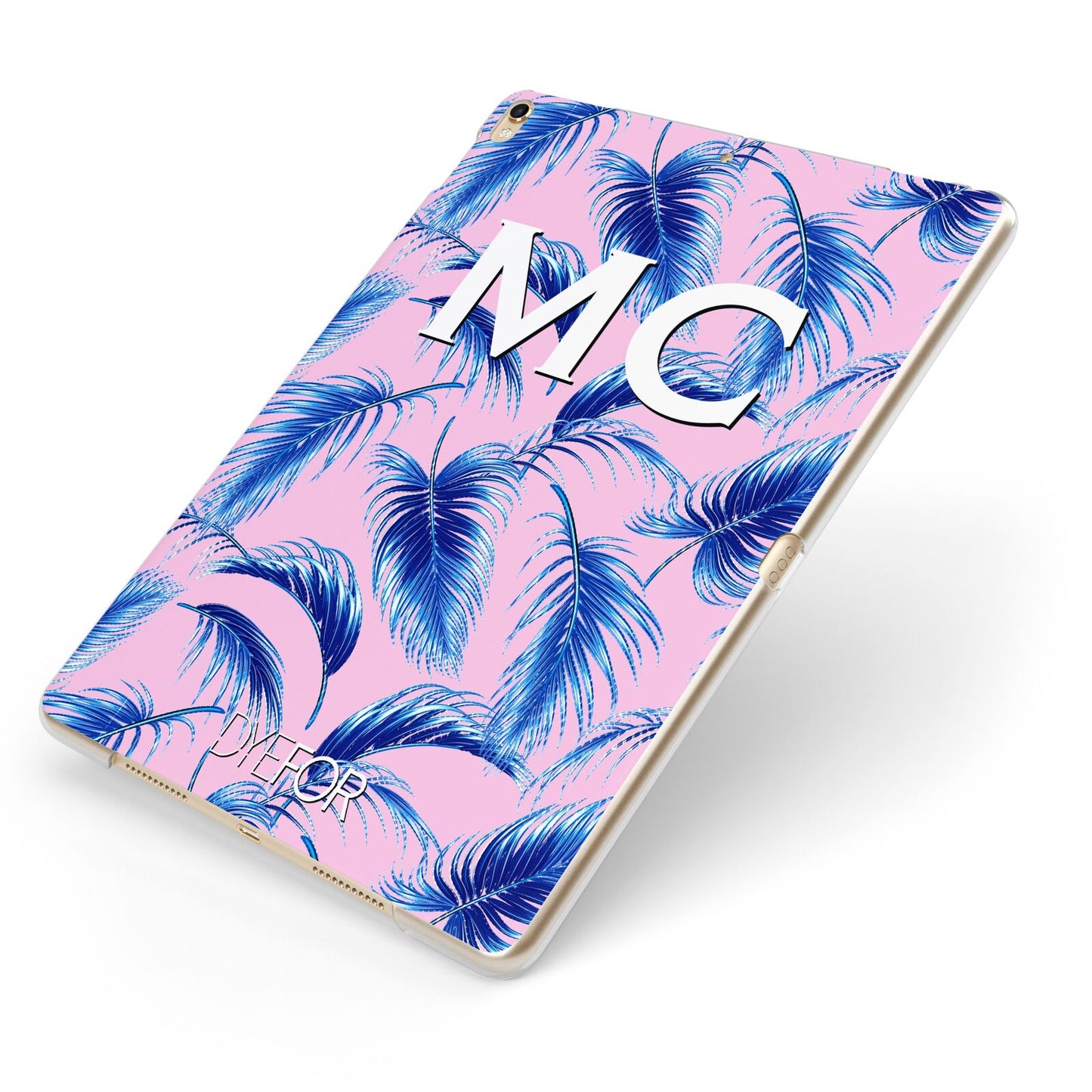 Personalised Blue Pink Palm Leaf Apple iPad Case on Gold iPad Side View