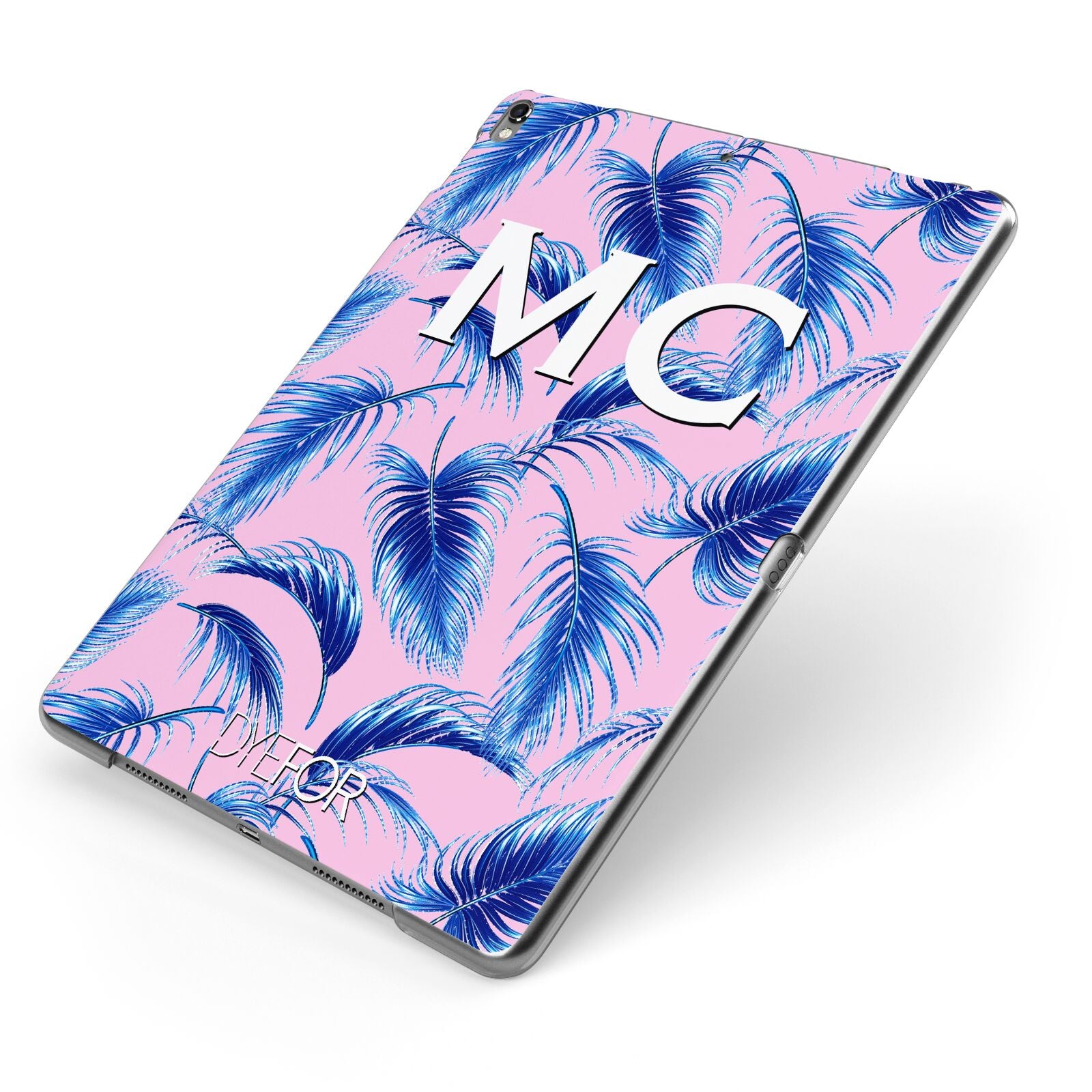 Personalised Blue Pink Palm Leaf Apple iPad Case on Grey iPad Side View