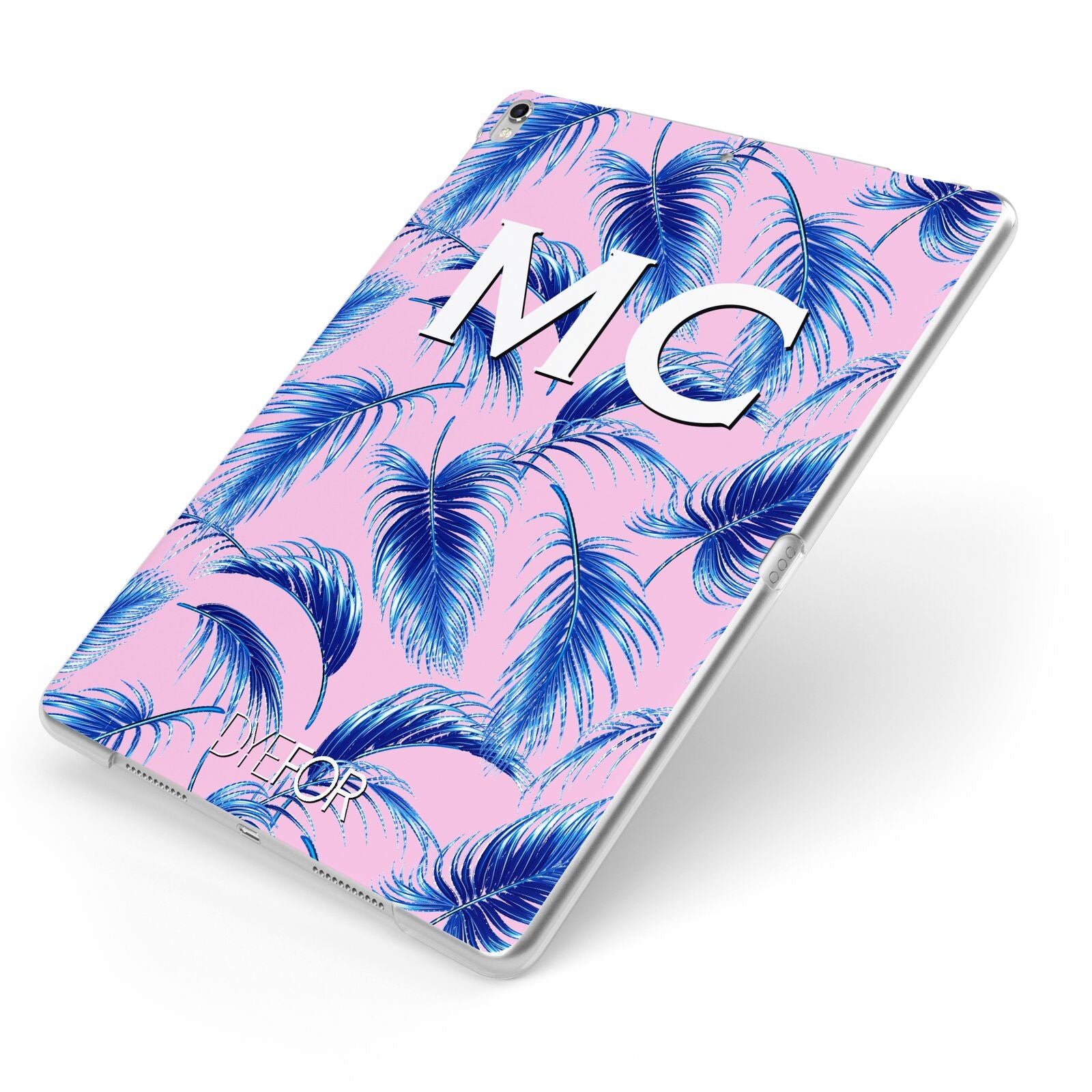 Personalised Blue Pink Palm Leaf Apple iPad Case on Silver iPad Side View