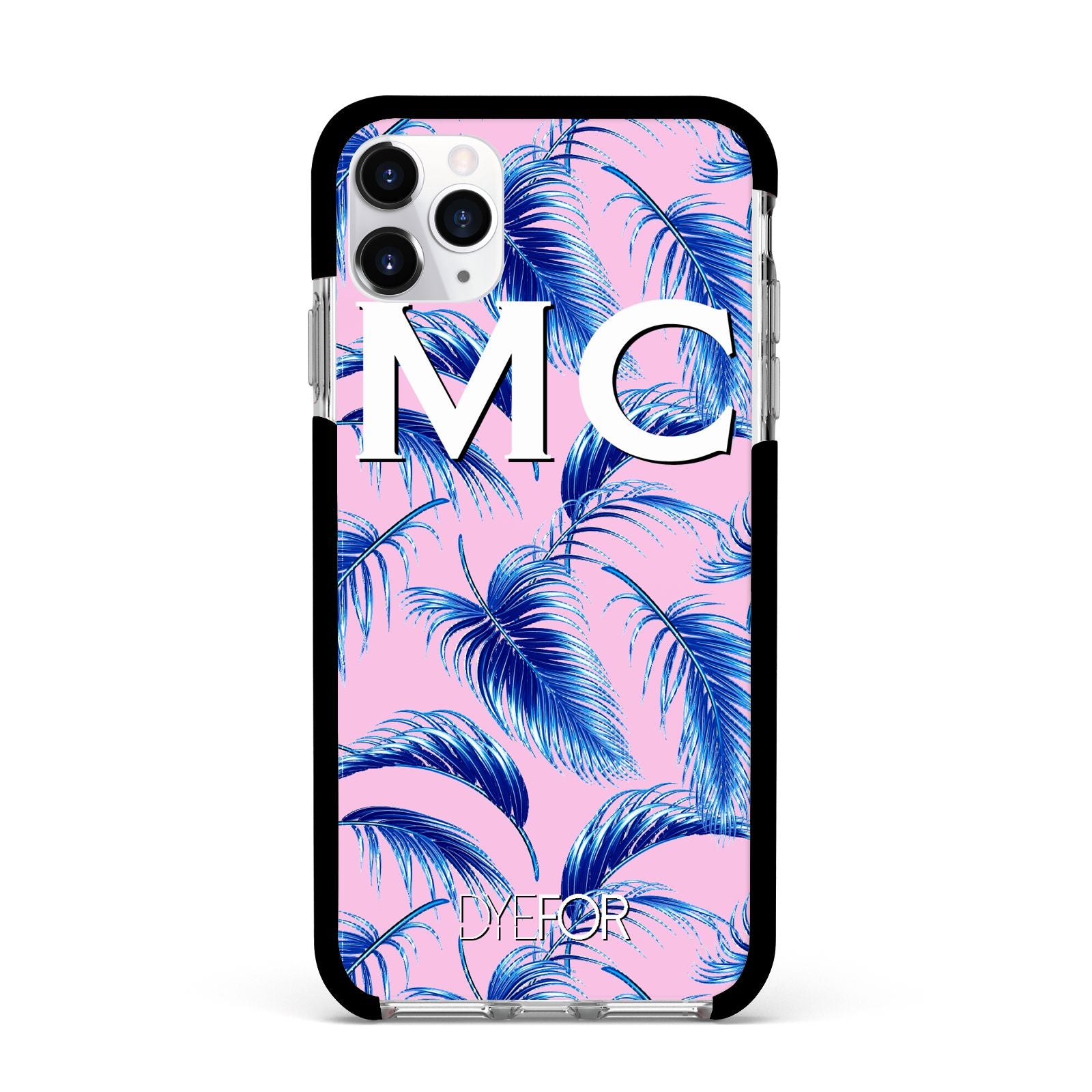 Personalised Blue Pink Palm Leaf Apple iPhone 11 Pro Max in Silver with Black Impact Case