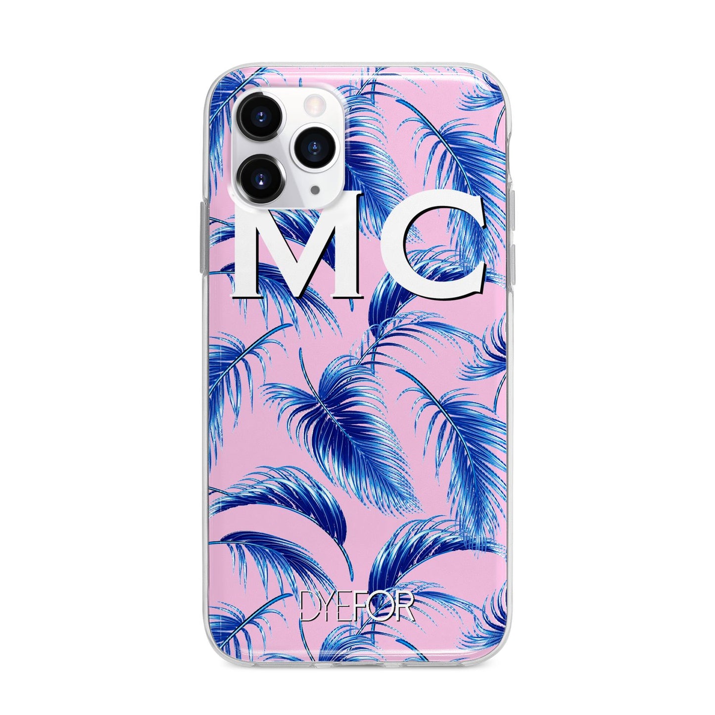 Personalised Blue Pink Palm Leaf Apple iPhone 11 Pro Max in Silver with Bumper Case