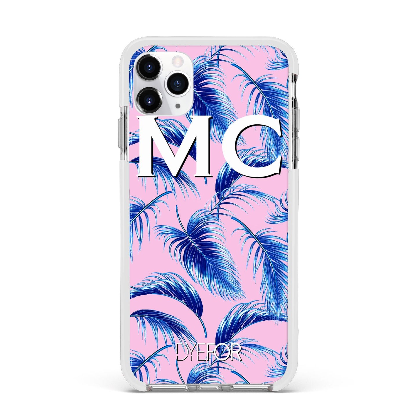 Personalised Blue Pink Palm Leaf Apple iPhone 11 Pro Max in Silver with White Impact Case