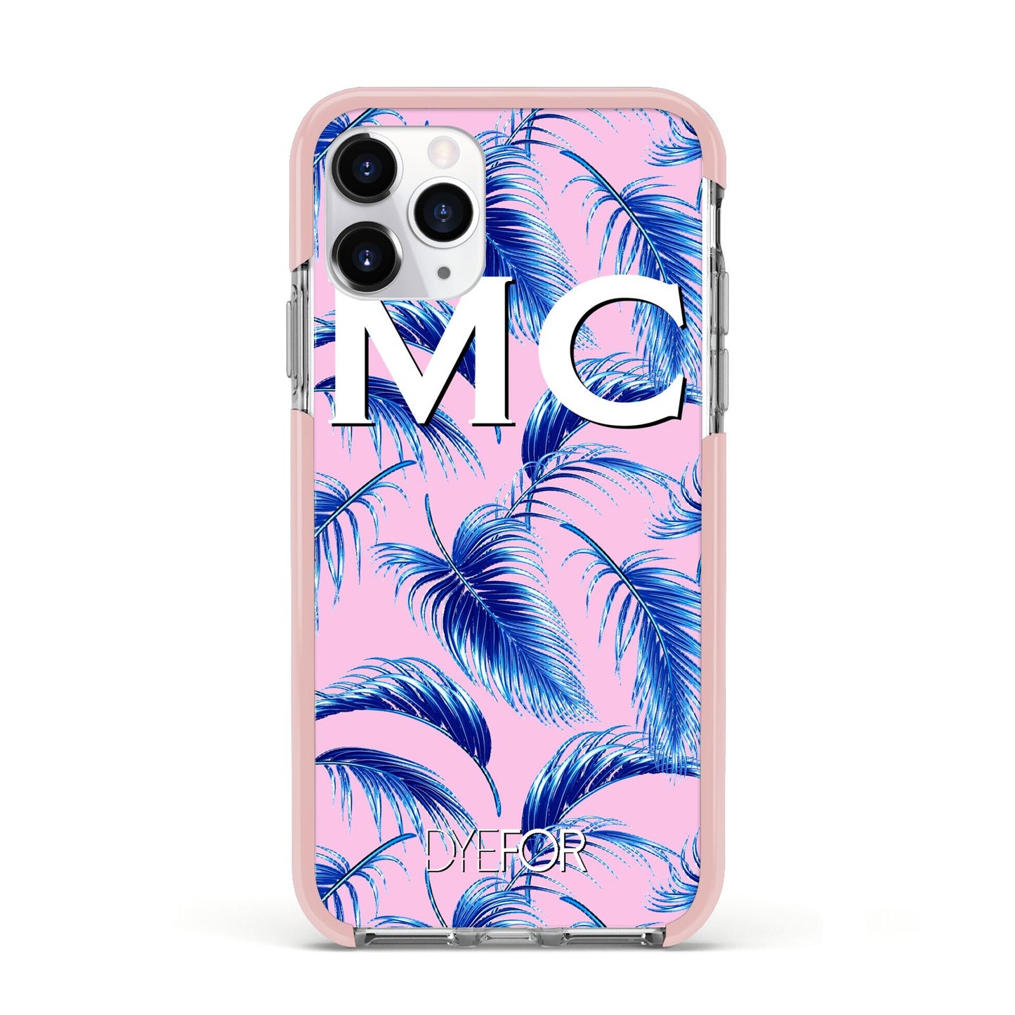 Personalised Blue Pink Palm Leaf Apple iPhone 11 Pro in Silver with Pink Impact Case