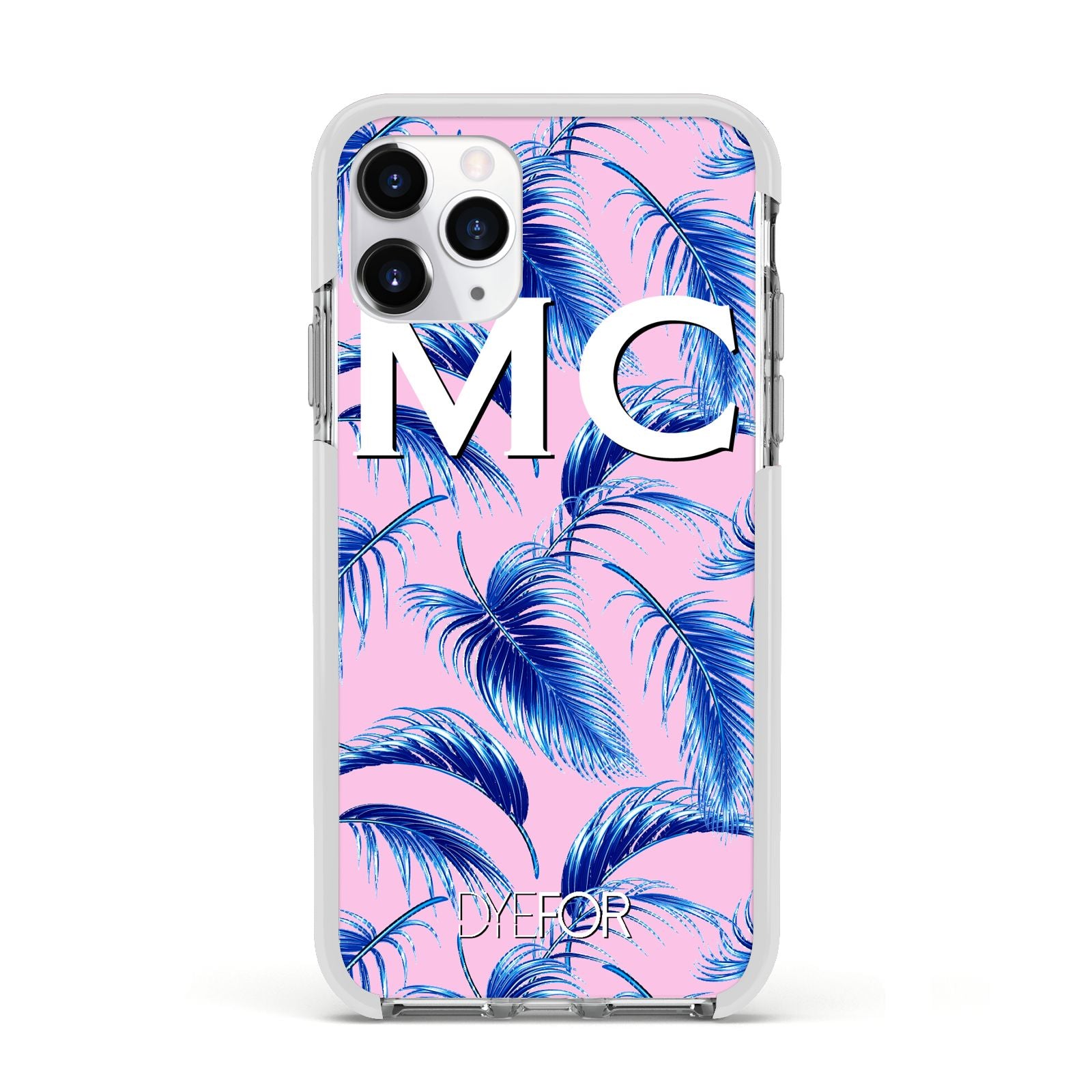 Personalised Blue Pink Palm Leaf Apple iPhone 11 Pro in Silver with White Impact Case