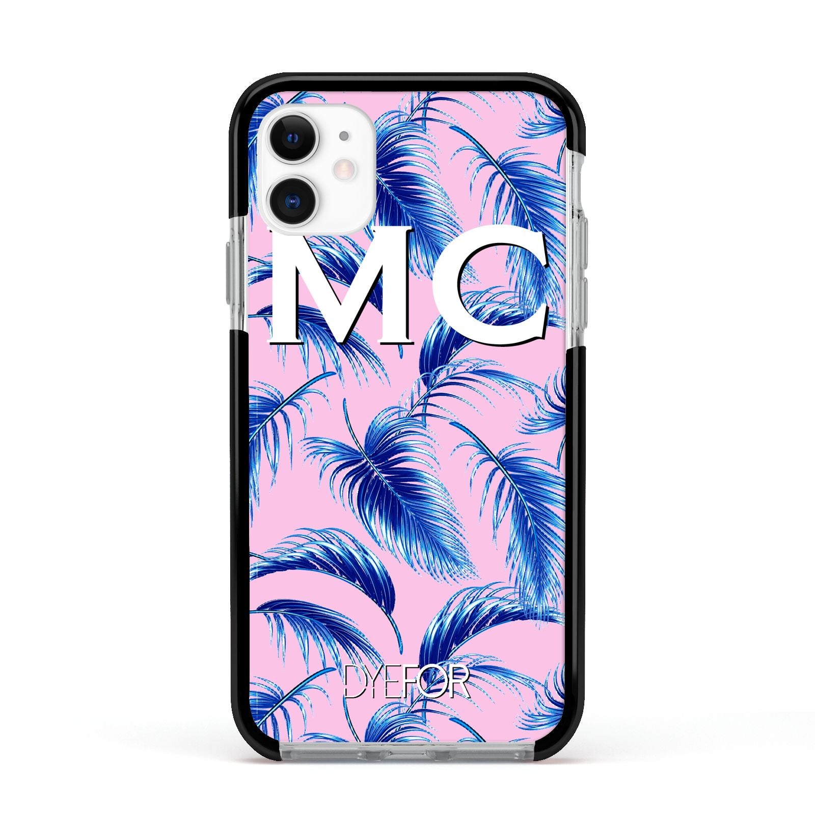 Personalised Blue Pink Palm Leaf Apple iPhone 11 in White with Black Impact Case