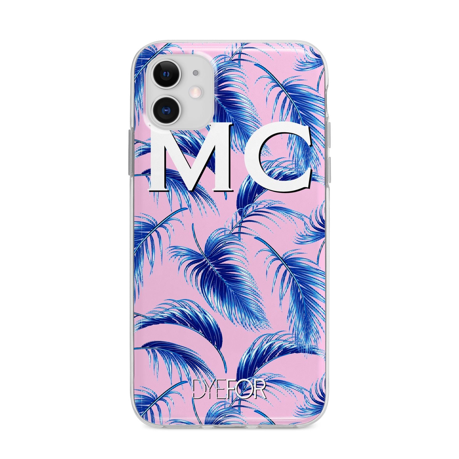 Personalised Blue Pink Palm Leaf Apple iPhone 11 in White with Bumper Case