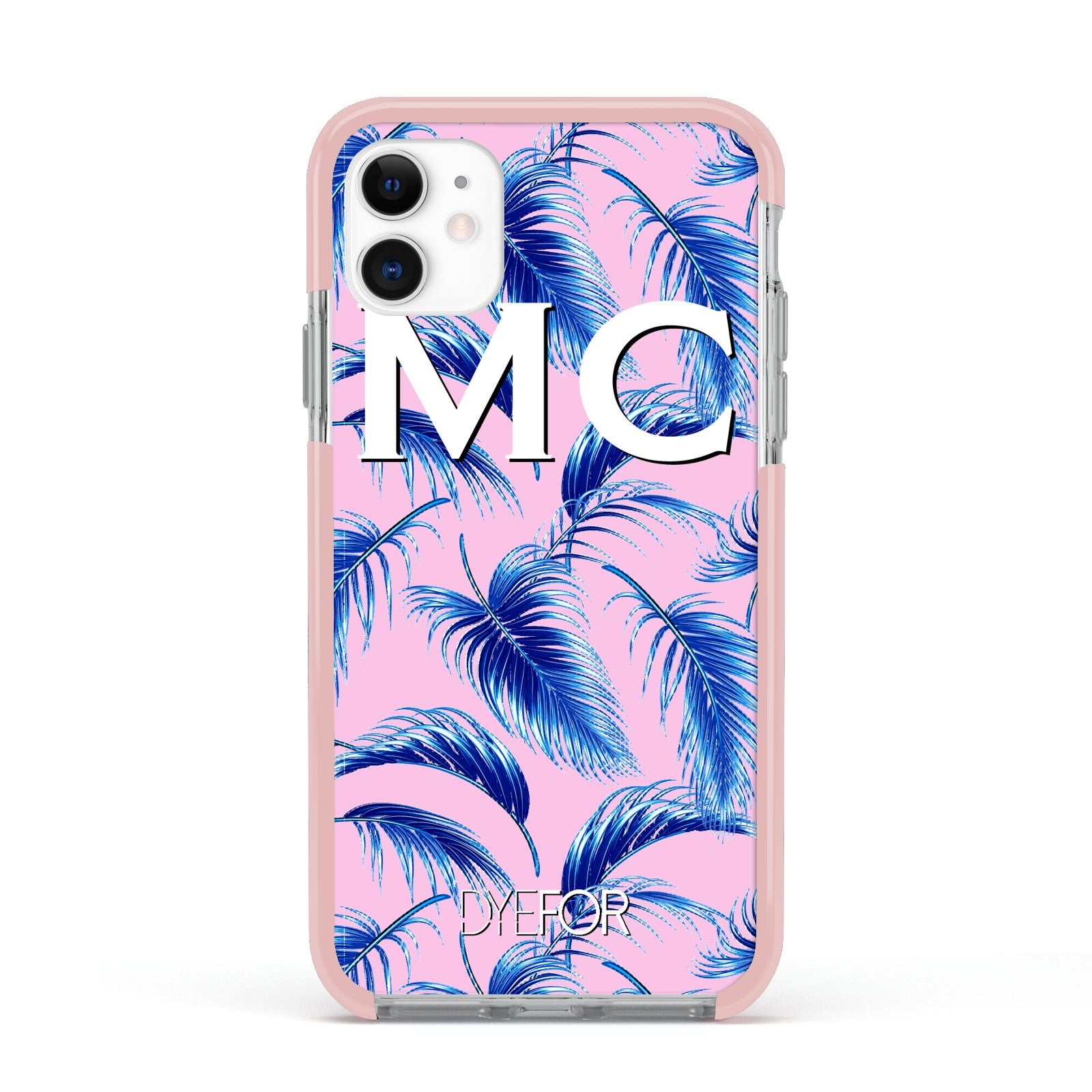 Personalised Blue Pink Palm Leaf Apple iPhone 11 in White with Pink Impact Case