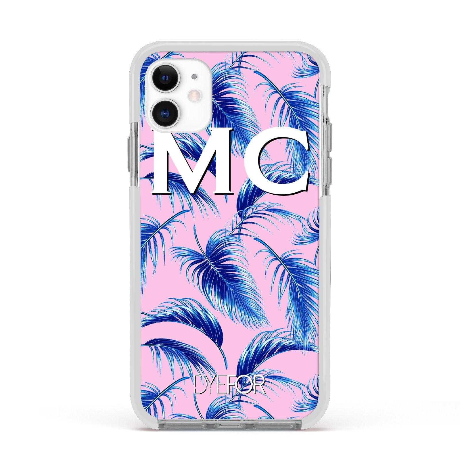 Personalised Blue Pink Palm Leaf Apple iPhone 11 in White with White Impact Case