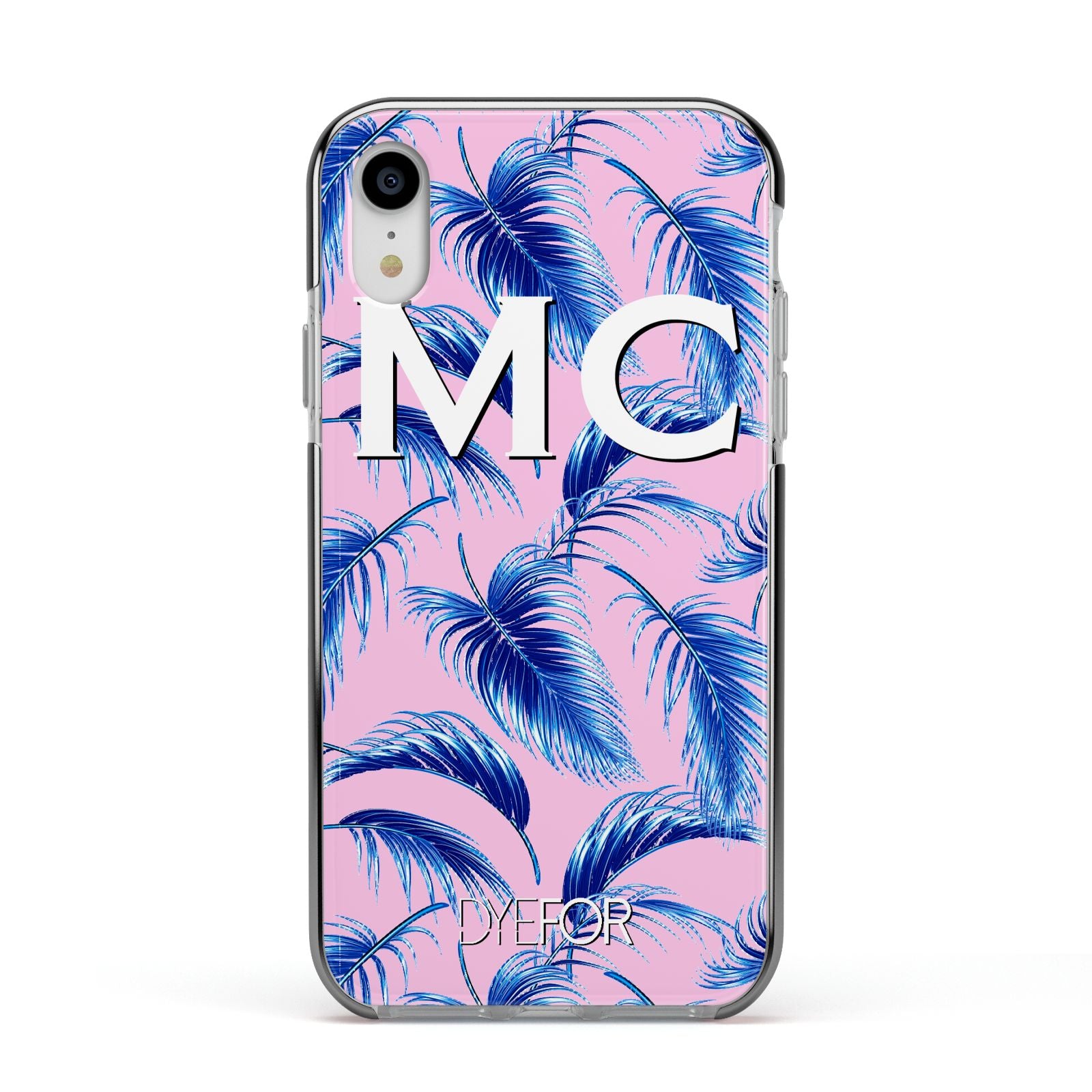 Personalised Blue Pink Palm Leaf Apple iPhone XR Impact Case Black Edge on Silver Phone